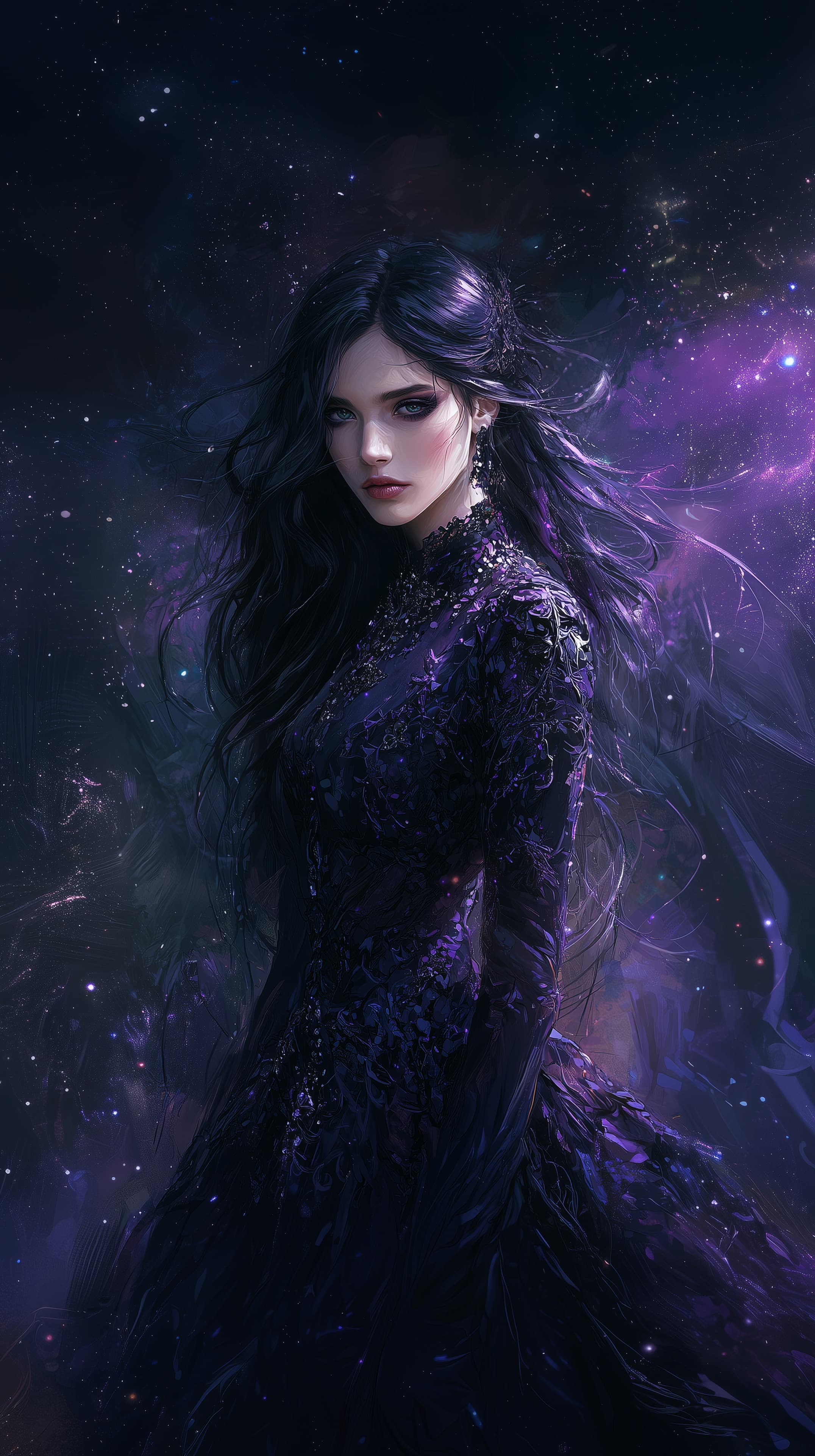 Mystic Night Portrait: Dark Purple Cosmic Fantasy Wallpaper - High Resolution artwork Wallpaper for Mobile and Desktop