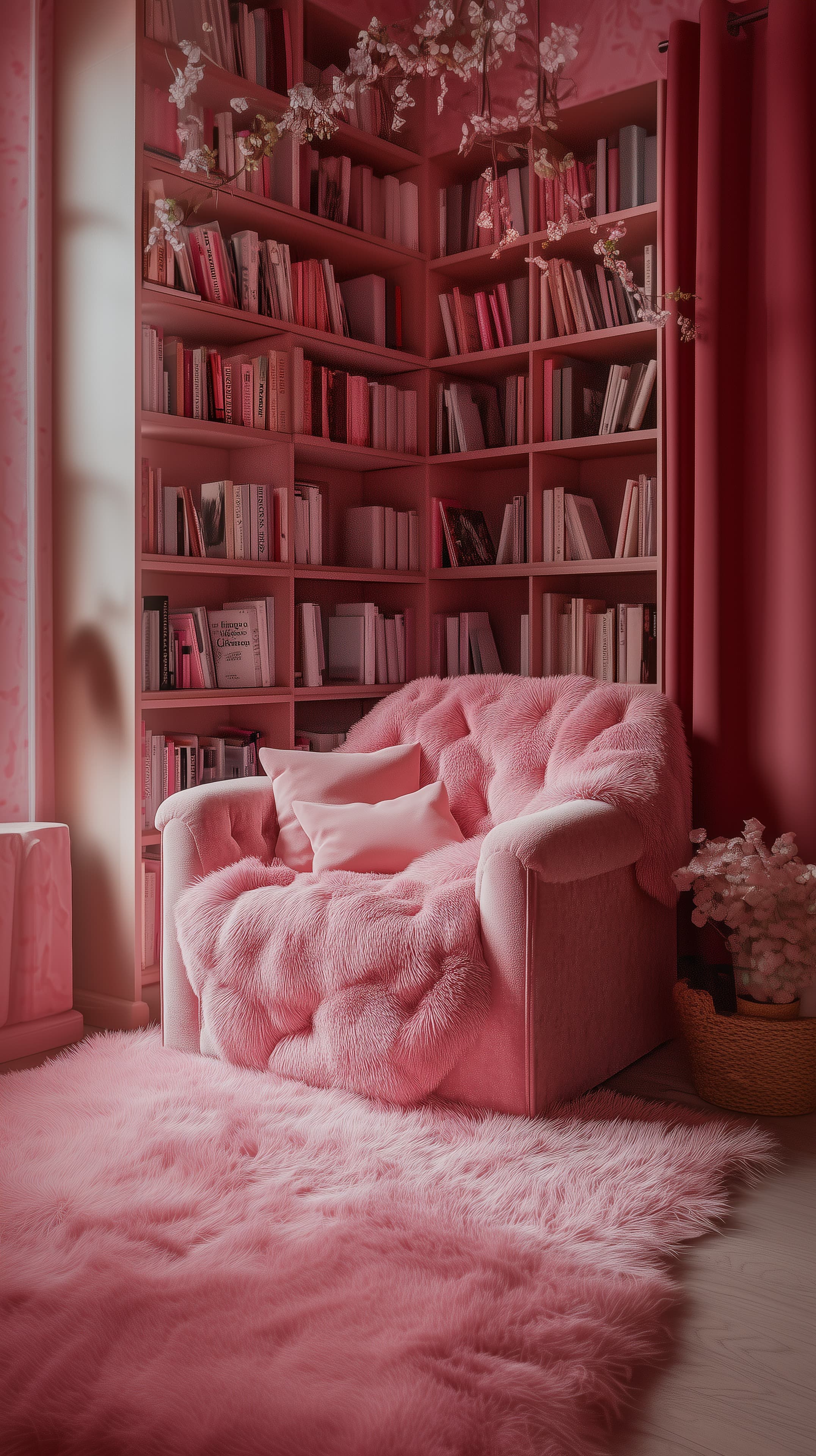 Soft Pink Reading Nook with Fluffy Chair and Bookshelves - High Resolution bookcase Wallpaper for Mobile and Desktop