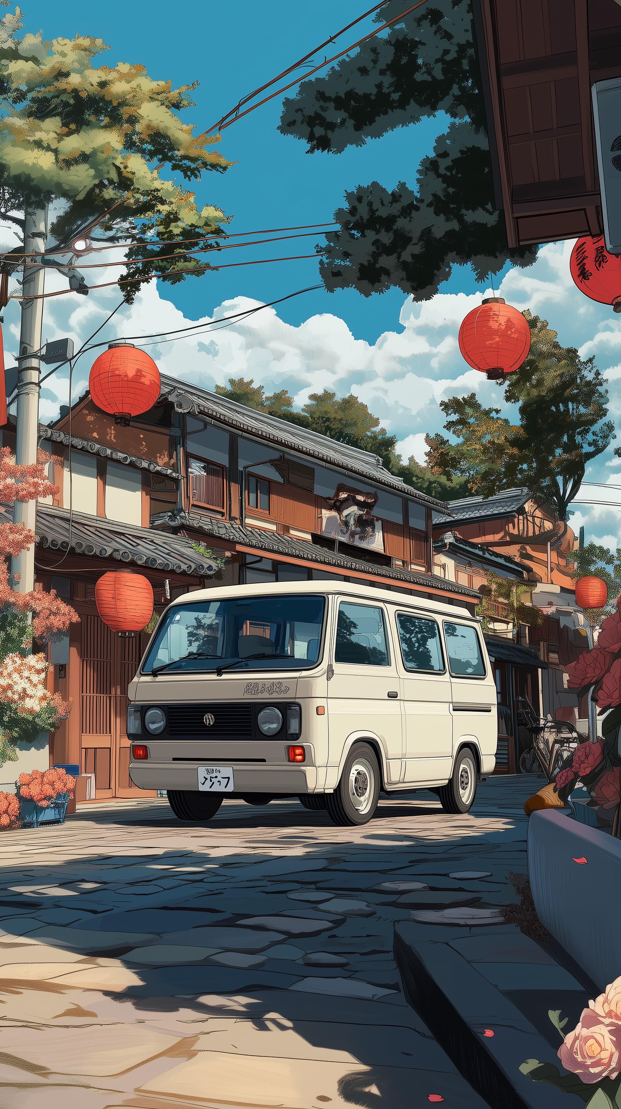 Serene Japanese Street Scene with Lanterns and Vintage Van - High Resolution anime-inspired-art Wallpaper for Mobile and Desktop