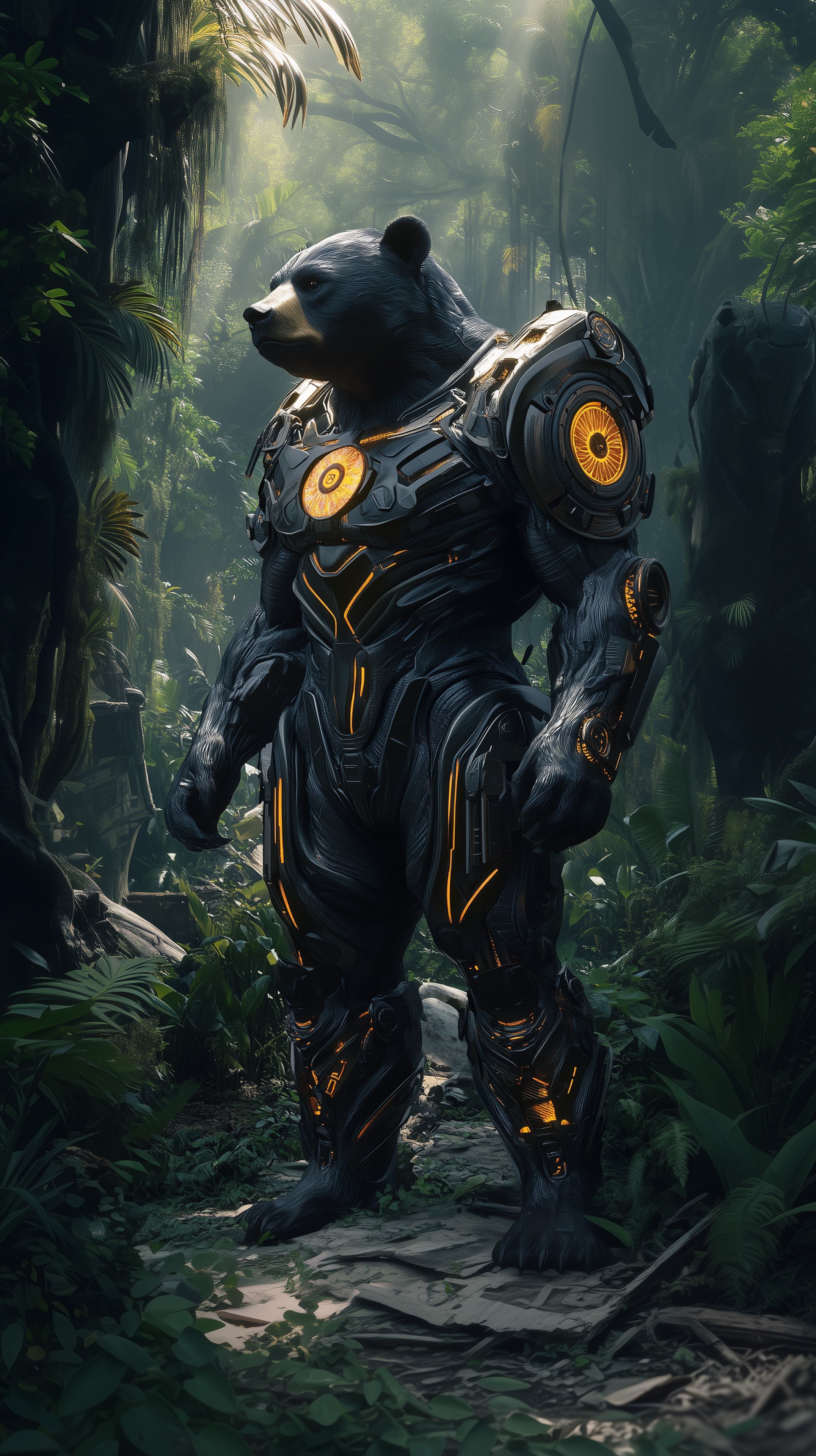 Futuristic Armored Bear in Jungle – Sci-Fi Wallpaper - High Resolution armor Wallpaper for Mobile and Desktop