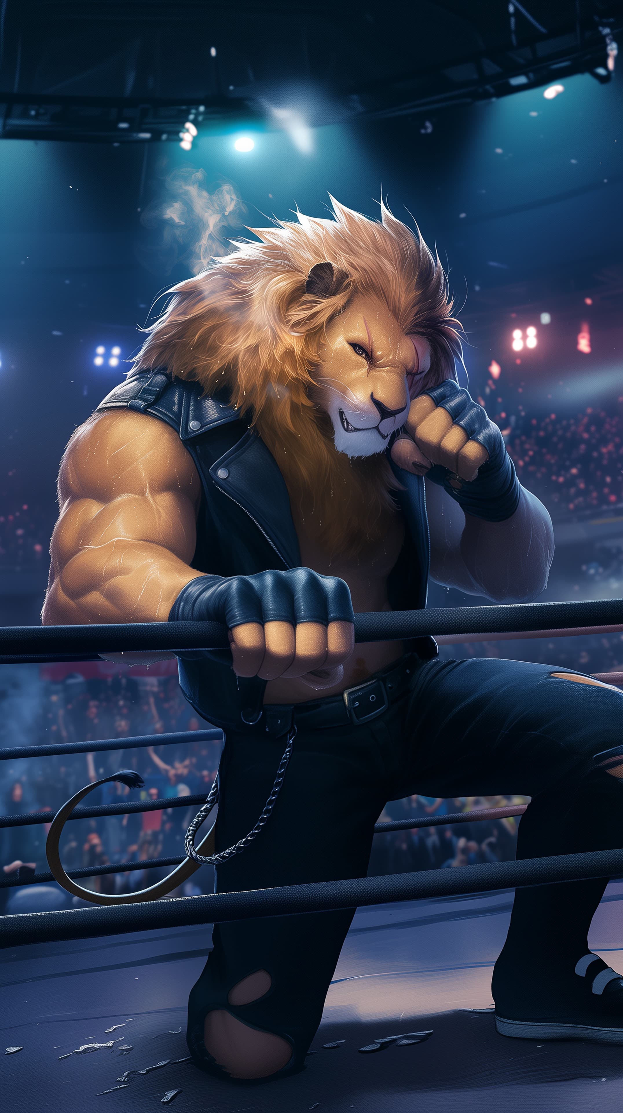 Dynamic Lion Wrestler in Neon Ring - Bold Fantasy Artwork - High Resolution anthropomorphic-character Wallpaper for Mobile and Desktop