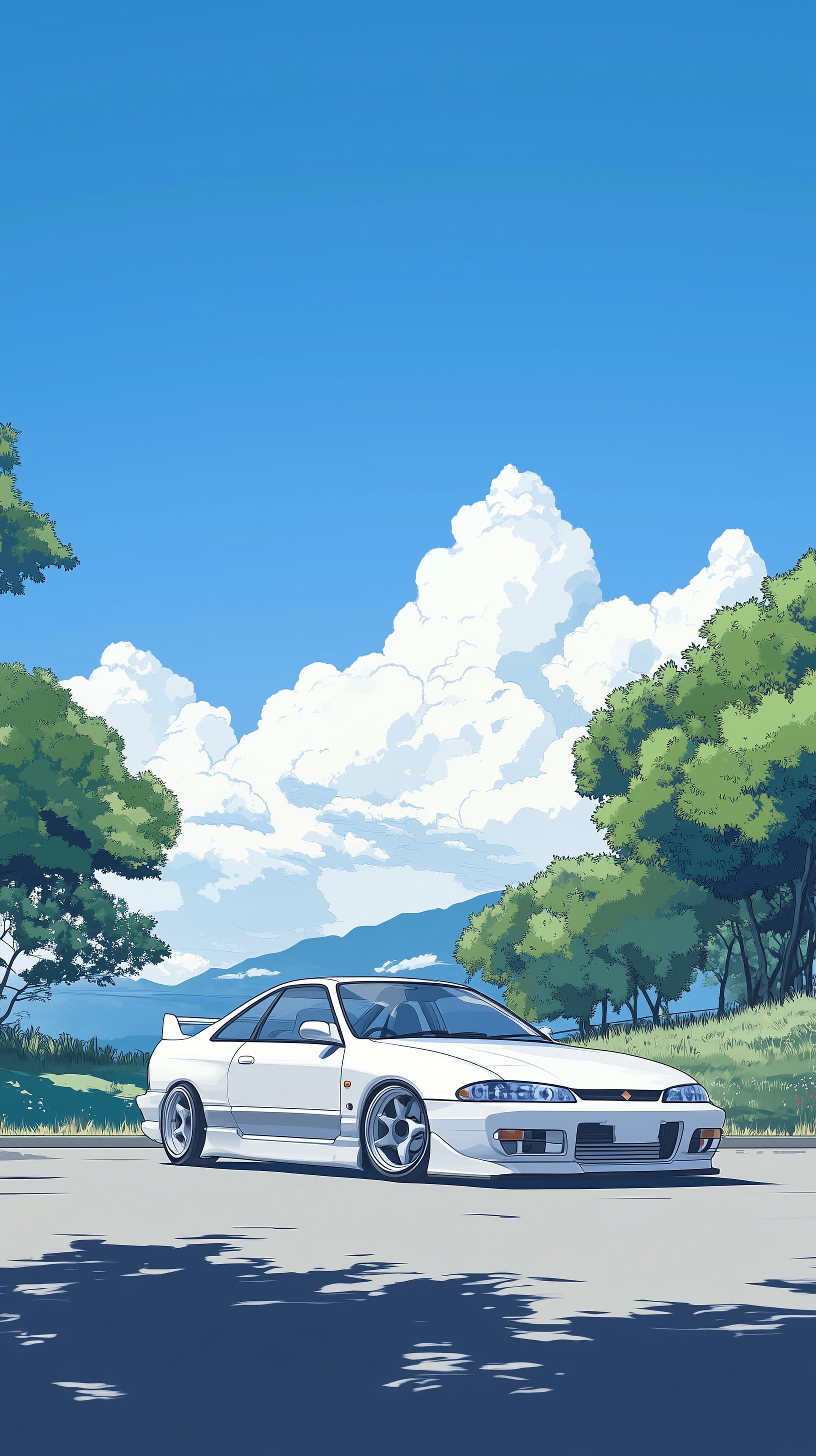 White Sports Coupe on a Scenic Road Under a Bright Sky - High Resolution anime-style Wallpaper for Mobile and Desktop