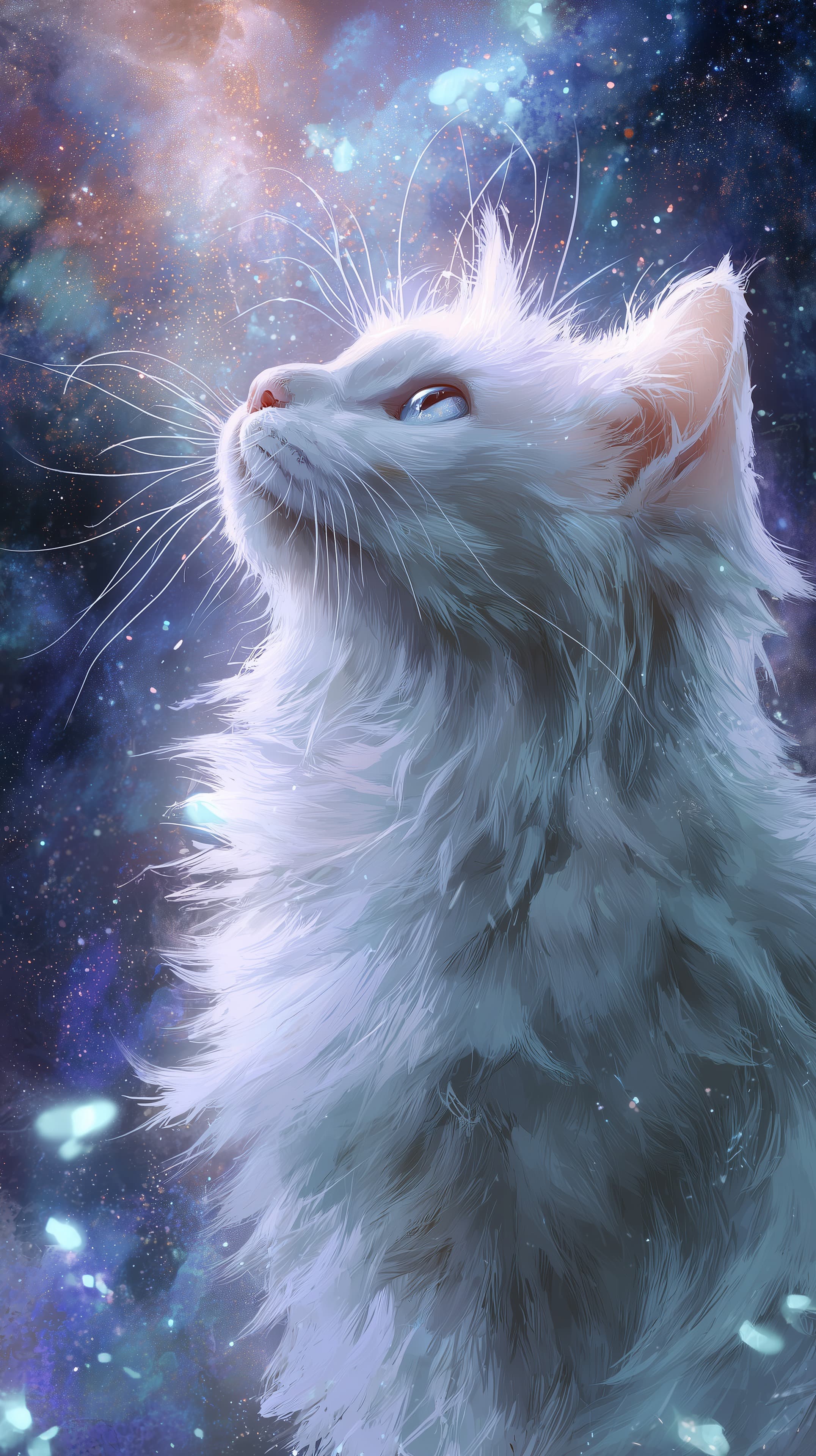 Cosmic White Cat in a Dreamy Galaxy – Fantasy Digital Art - High Resolution art Wallpaper for Mobile and Desktop