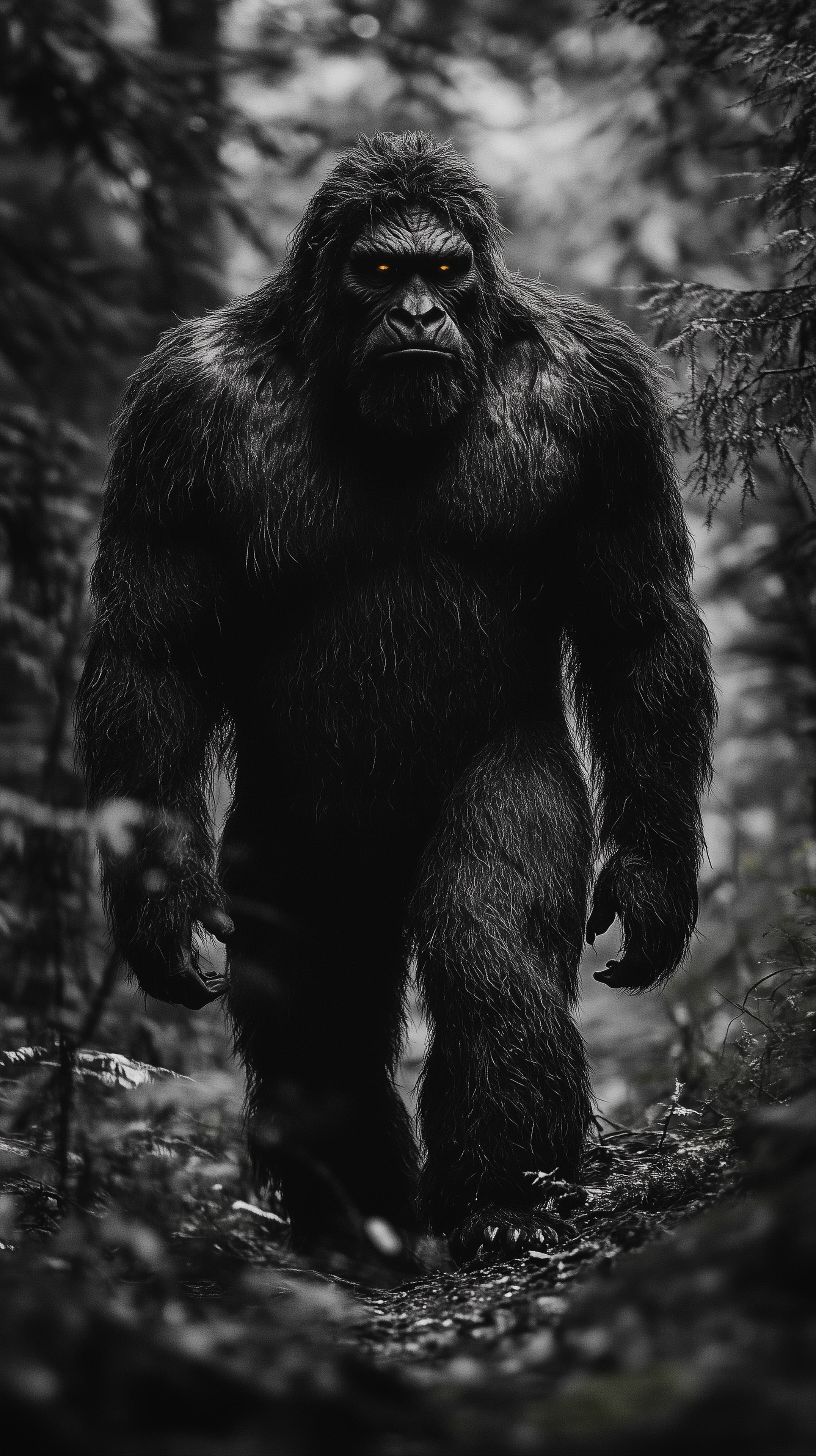 Dark Forest Giant Primate with Glowing Orange Eyes - High Resolution cinematic-mood Wallpaper for Mobile and Desktop
