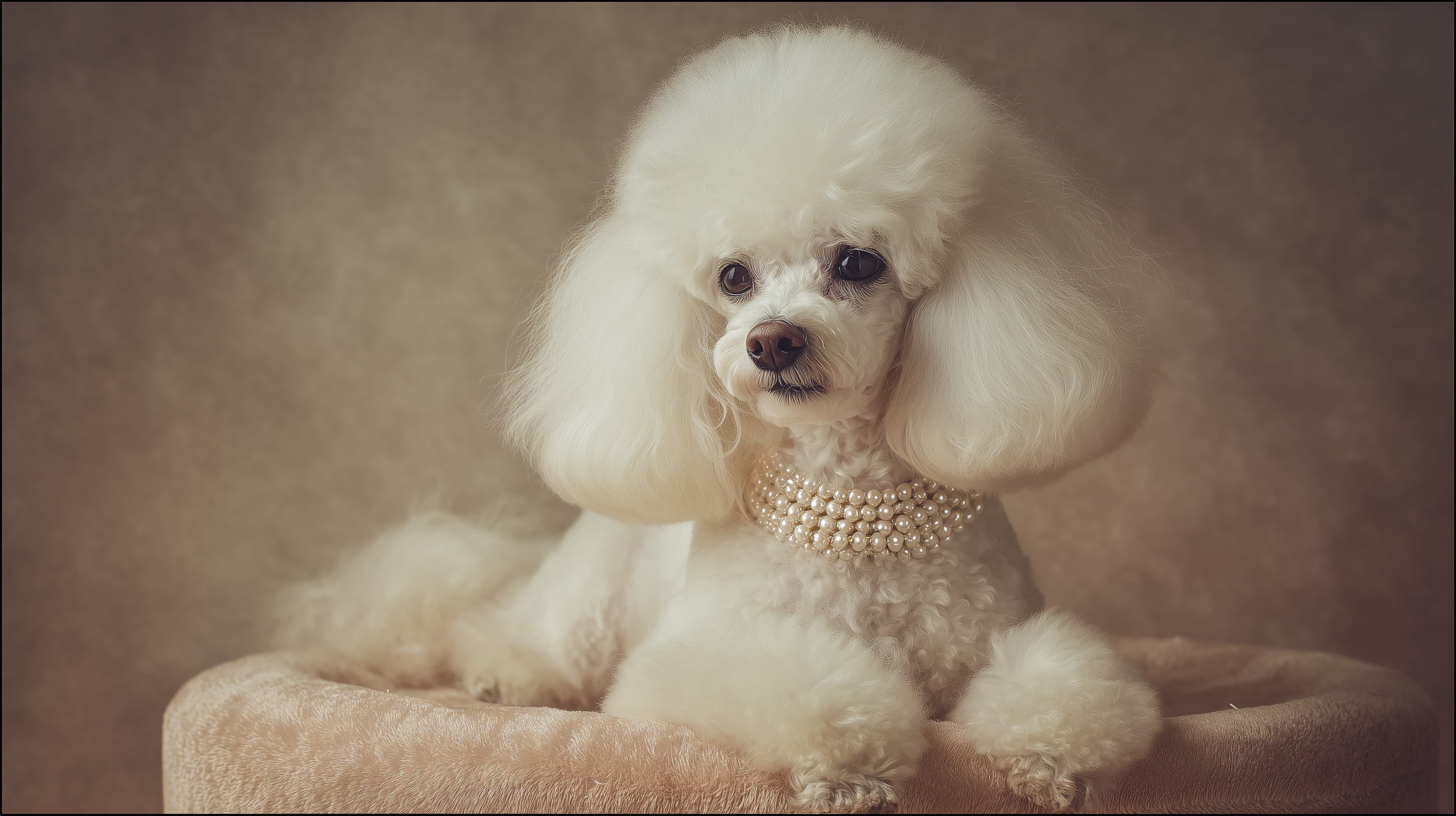 Elegant White Poodle Portrait with Pearl Collar – Wallpaper - High Resolution poodle Wallpaper for Mobile and Desktop
