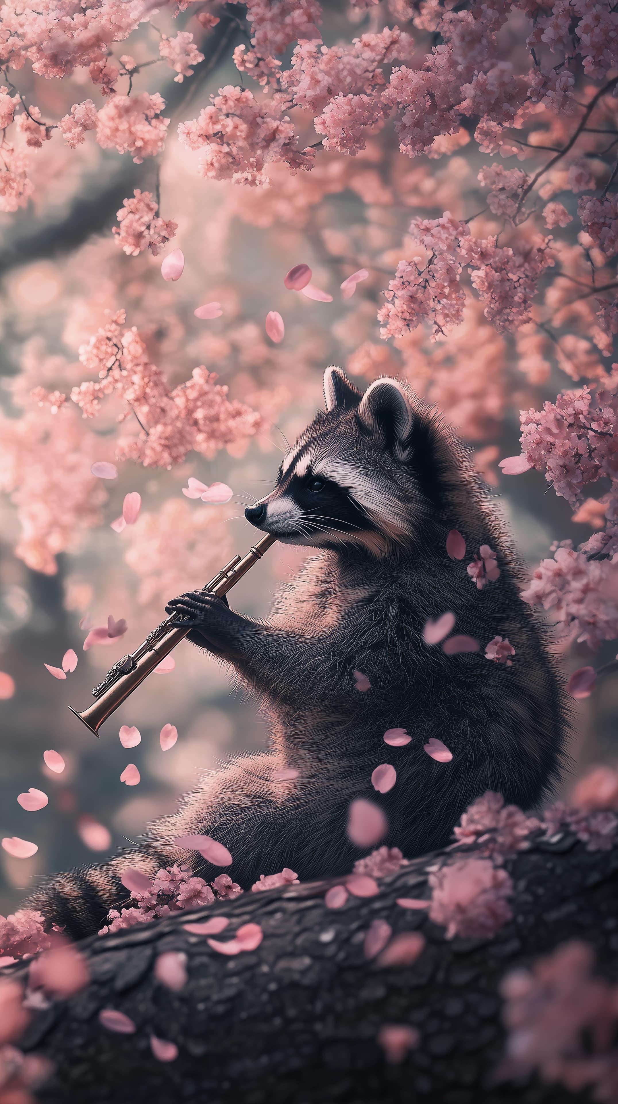 Whimsical raccoon playing a woodwind among cherry blossoms - High Resolution cherry-blossoms Wallpaper for Mobile and Desktop