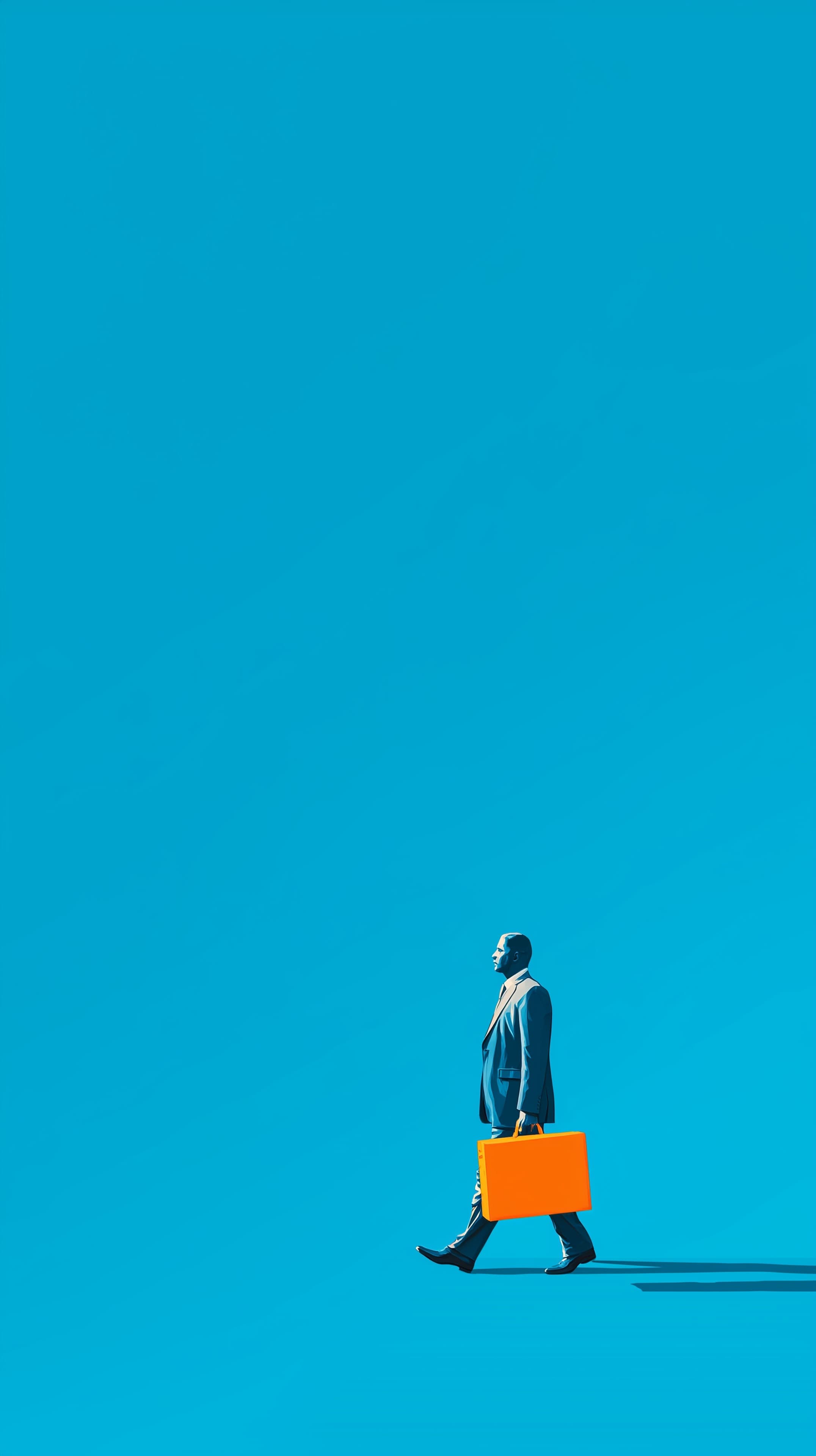 Minimalist Blue Wallpaper: Man in Suit with Orange Briefcase - High Resolution blue-background Wallpaper for Mobile and Desktop