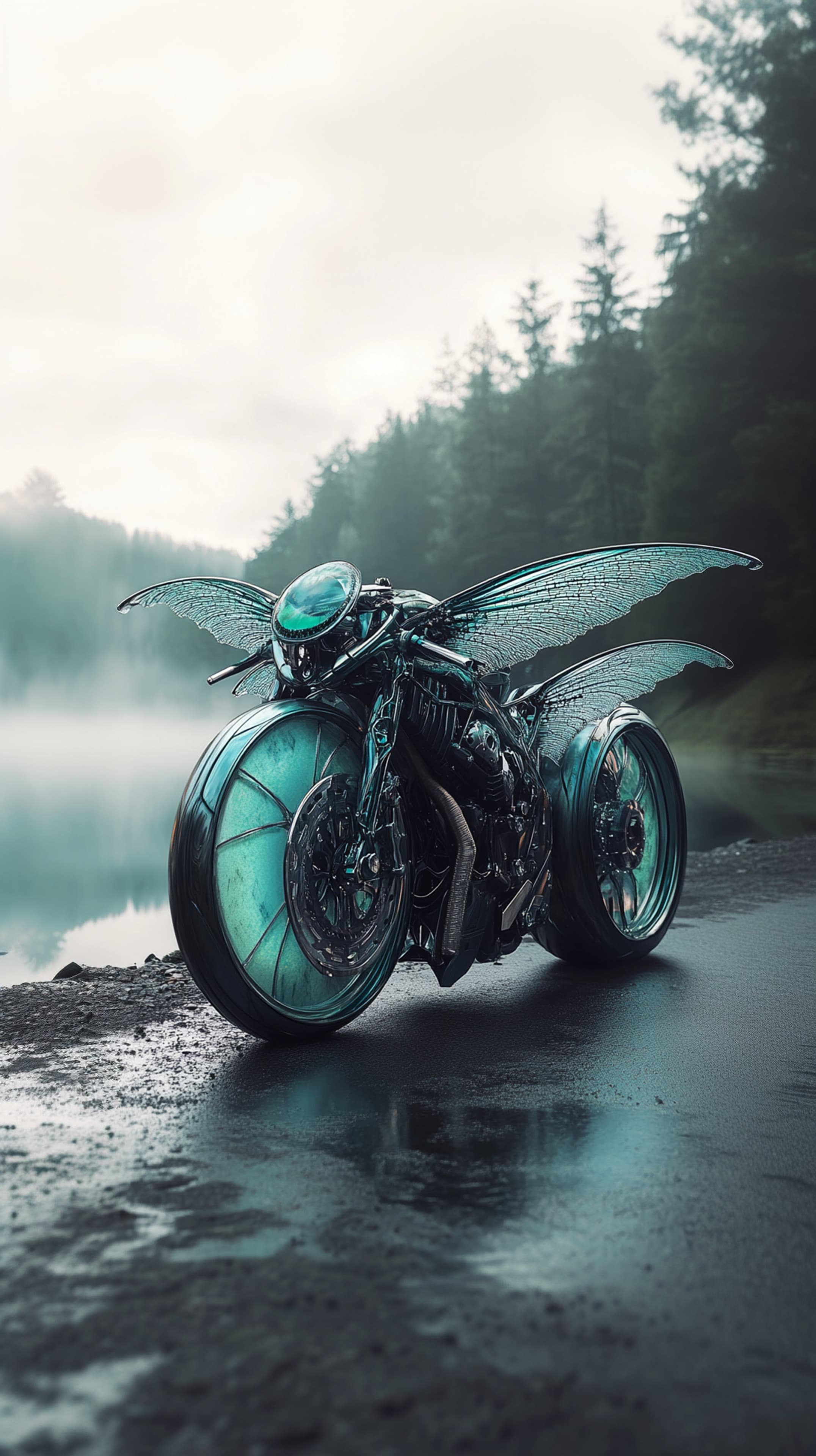 Teal Futuristic Motorcycle with Glass Wings in Misty Forest - High Resolution motorcycle Wallpaper for Mobile and Desktop