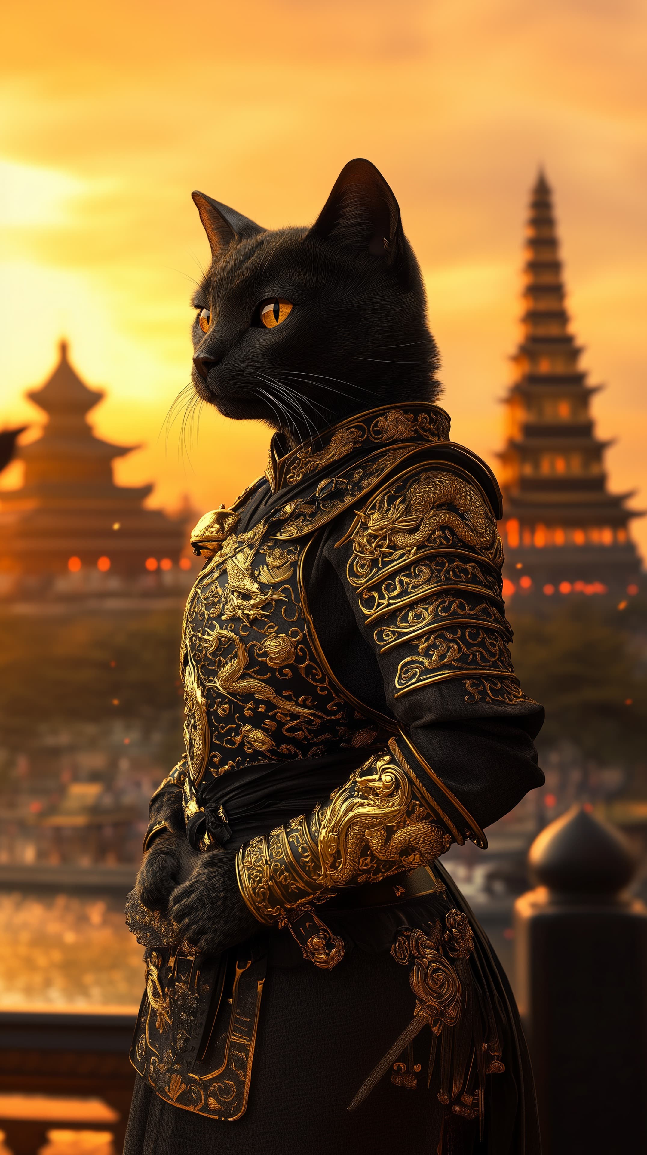 Epic Golden Armor Cat Warrior at Sunset Ancient Temple - High Resolution ancient-temple Wallpaper for Mobile and Desktop