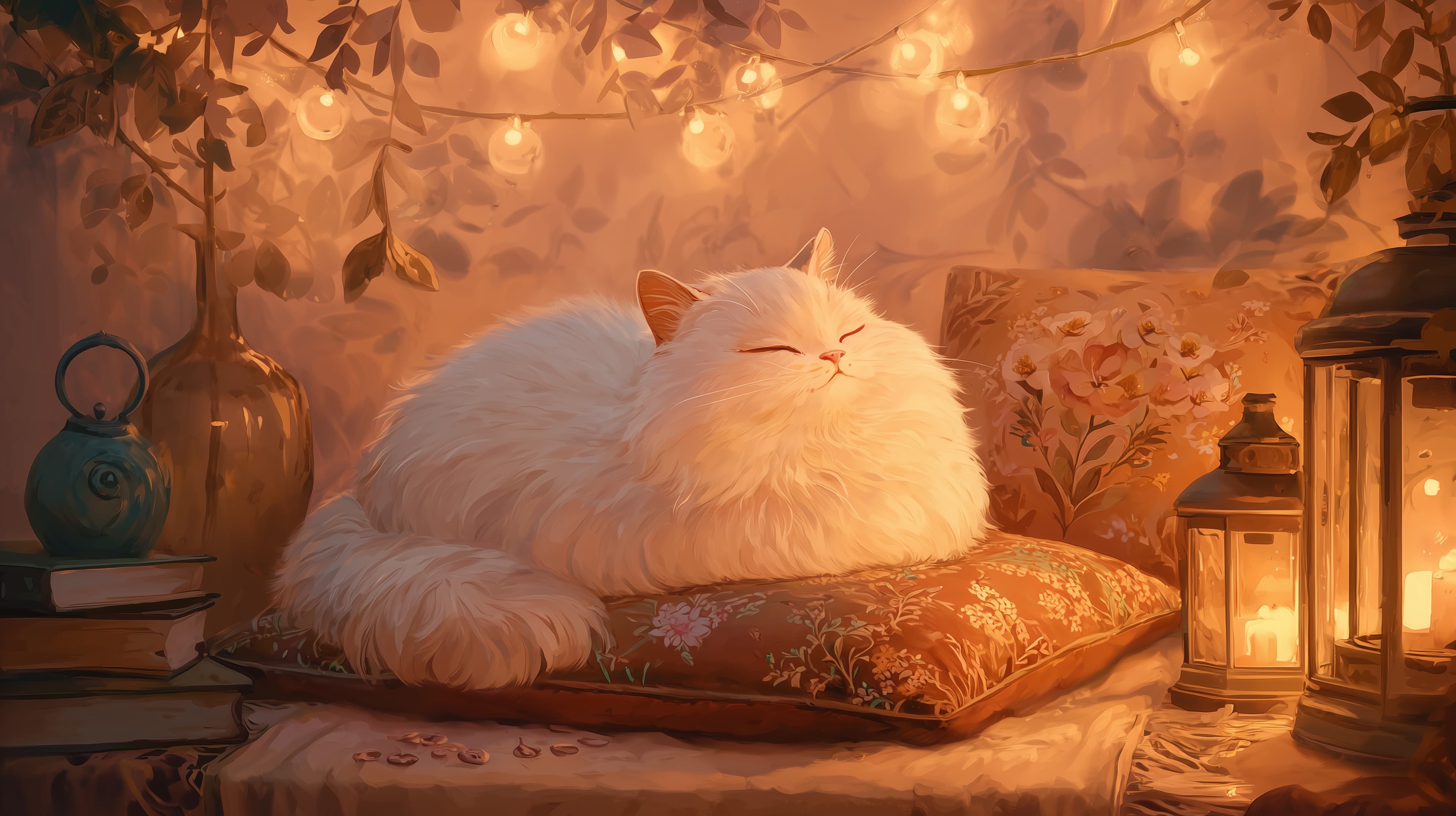 Cozy Fluffy White Cat on Floral Pillow with Warm Fairy Lights - High Resolution cat-resting Wallpaper for Mobile and Desktop