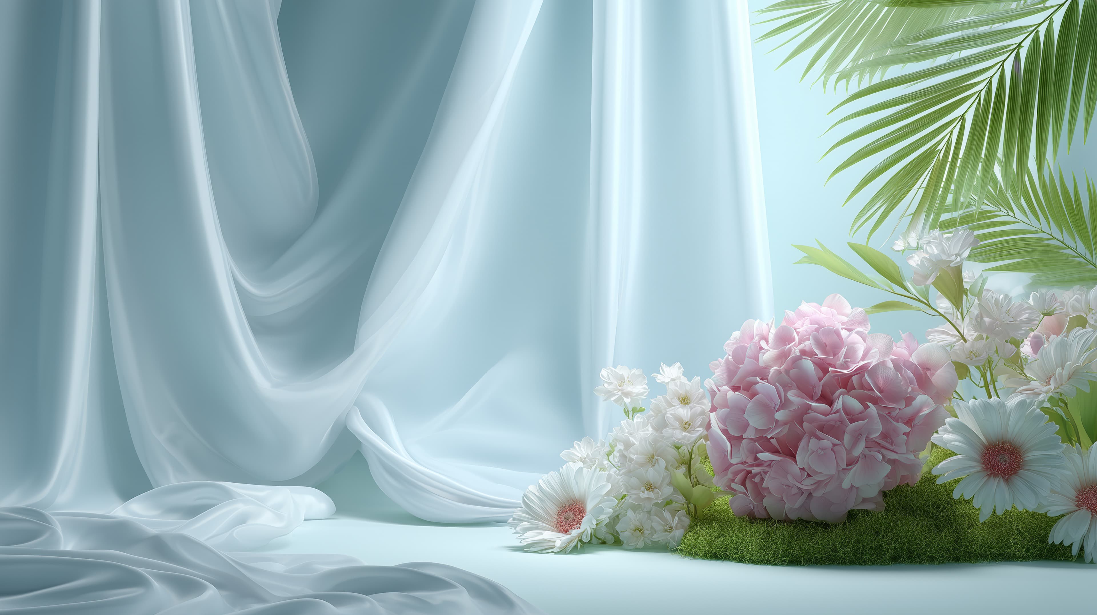 Soft Blue Draped Fabric with Floral Bloom Scene Wallpaper - High Resolution soft-blue Wallpaper for Mobile and Desktop