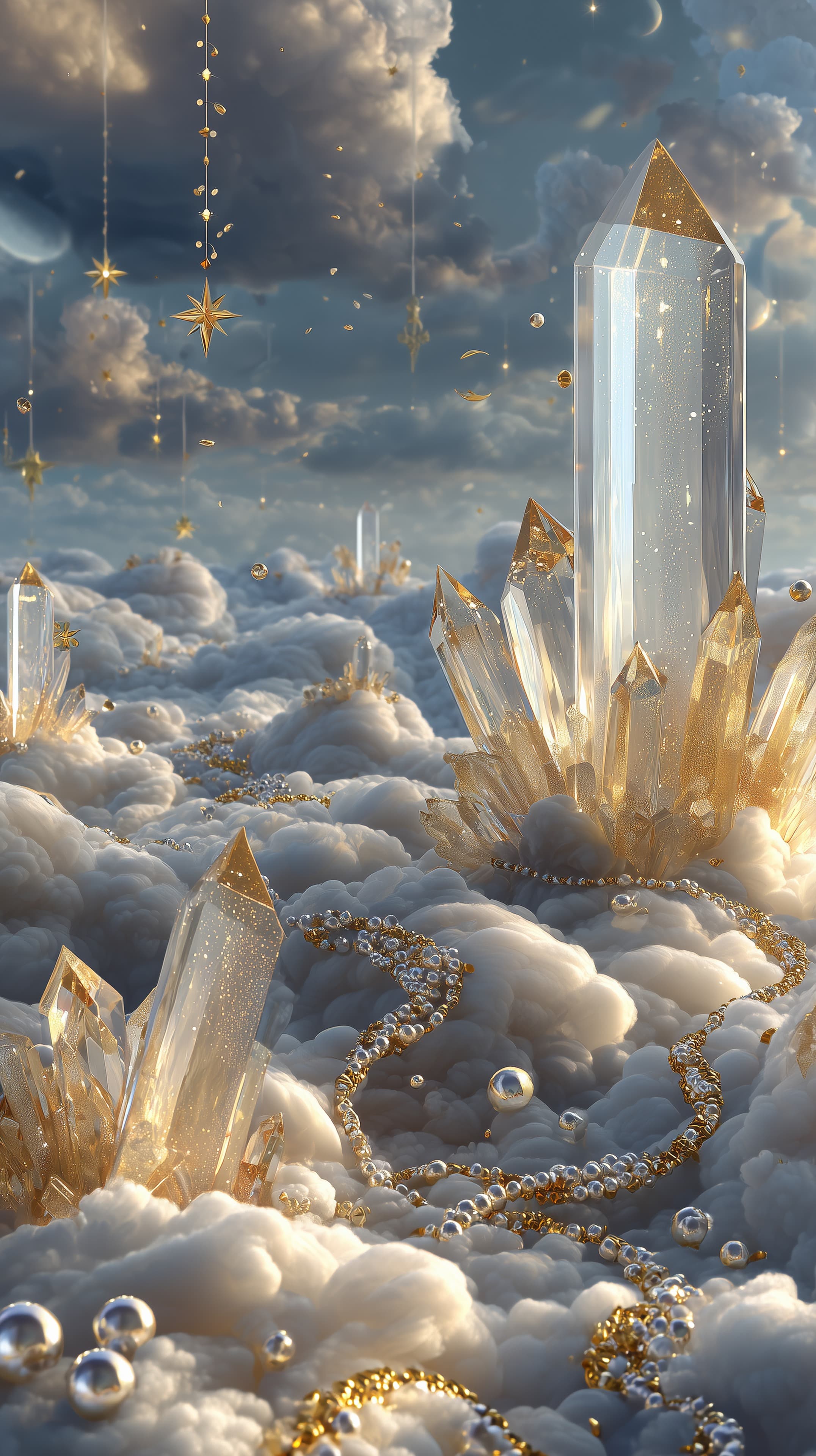 Dreamy Crystal Skyline in Golden Cloudscape with Stars - High Resolution clouds Wallpaper for Mobile and Desktop