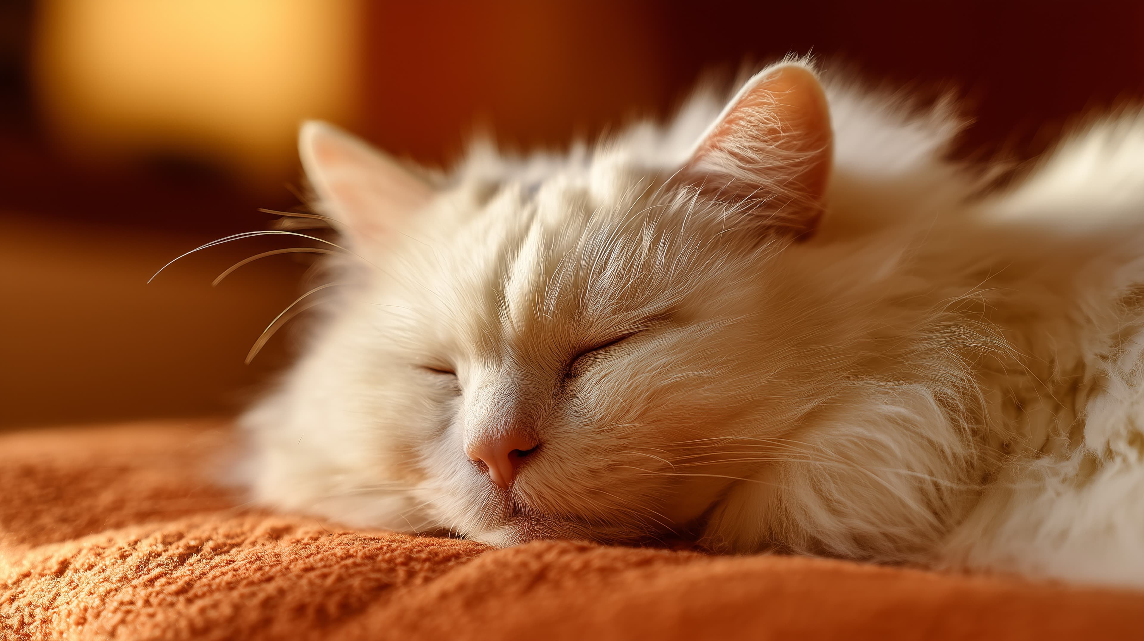 Cozy Sleeping Cat on Warm Orange Blanket in Soft Light - High Resolution calm-wallpaper Wallpaper for Mobile and Desktop