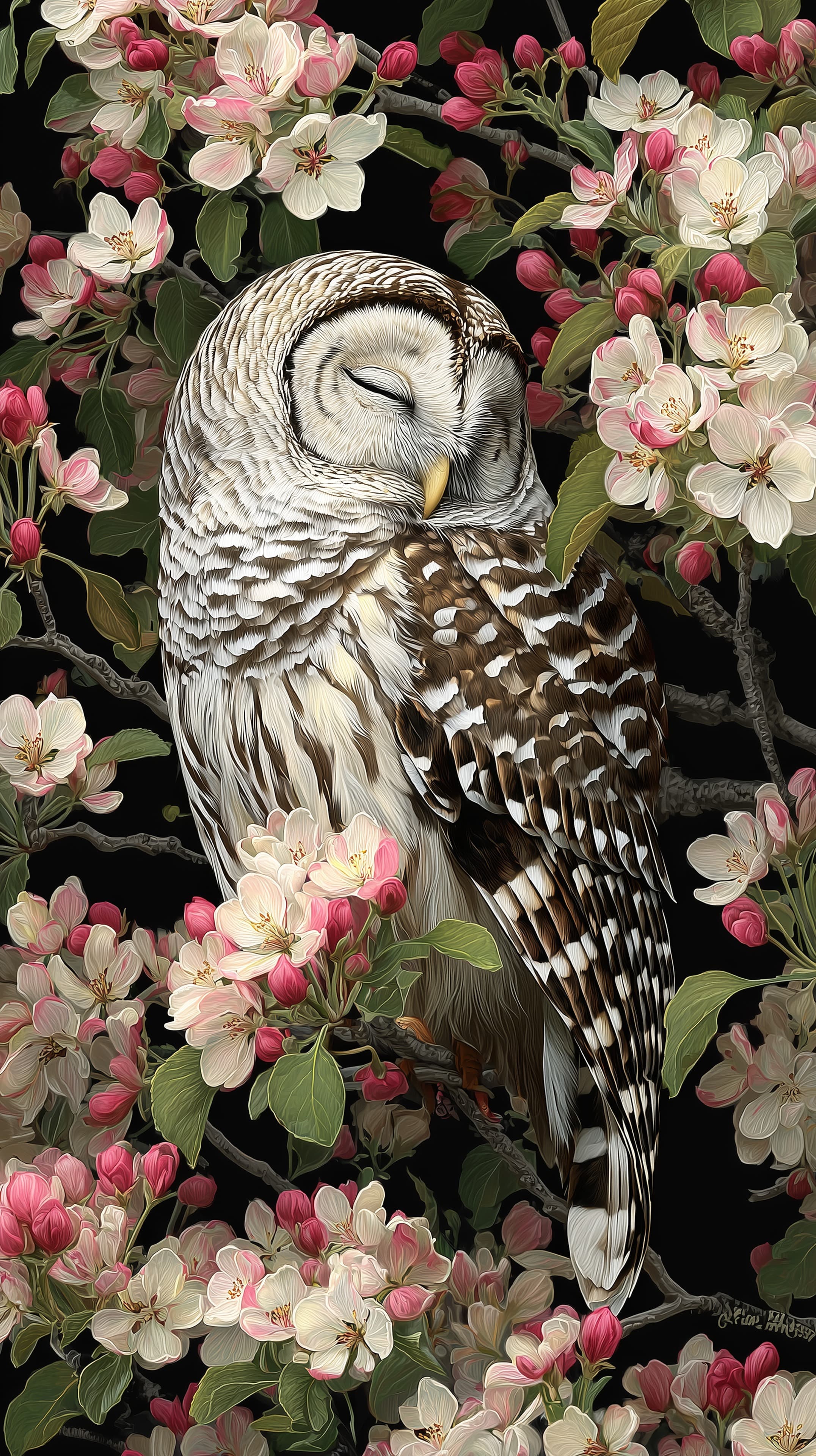 Sleeping Owl Amid Blossoms: Velvet Floral Night Wallpaper - High Resolution artistic Wallpaper for Mobile and Desktop