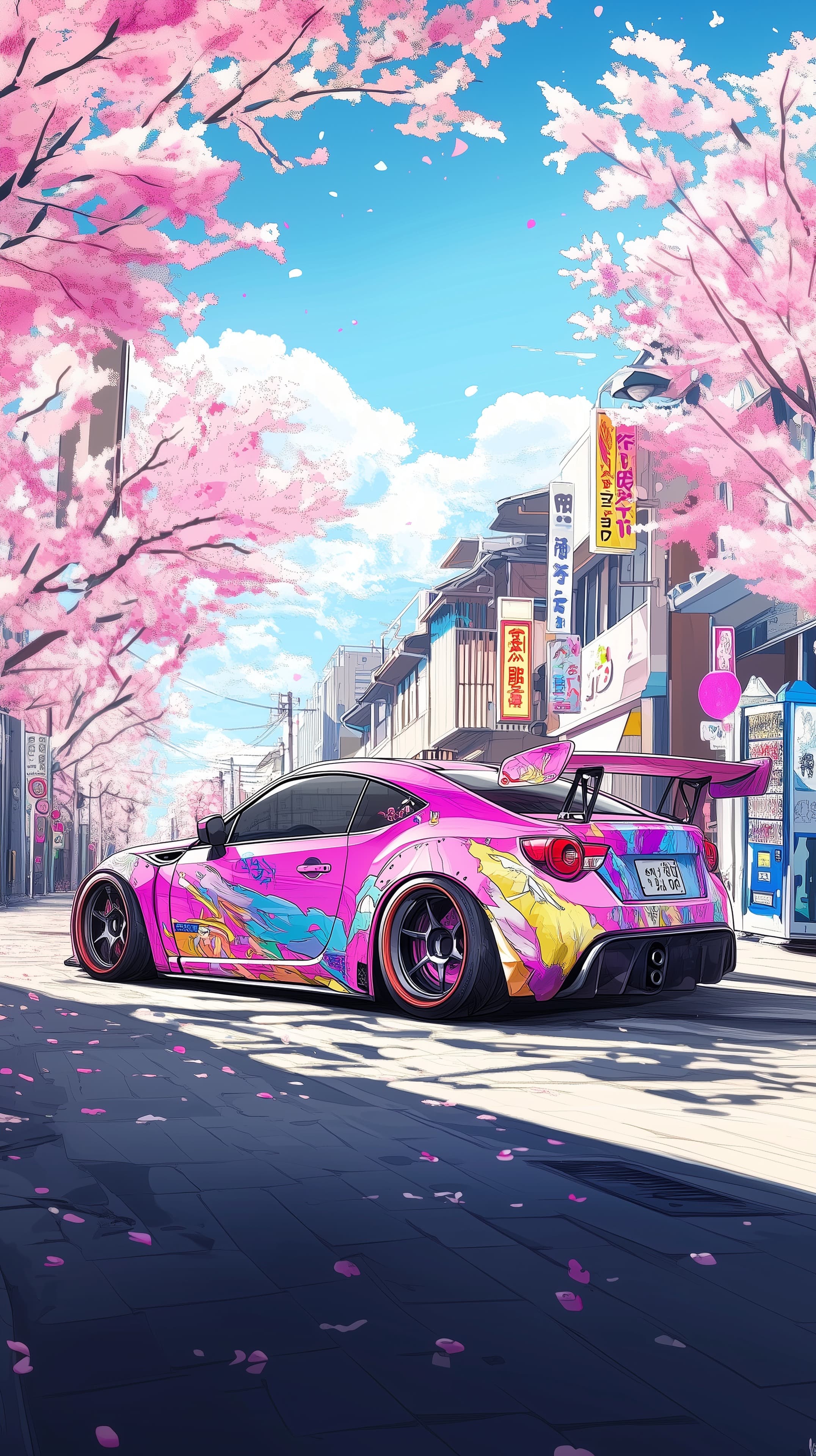 Vibrant anime street scene with pink cherry blossoms - High Resolution anime-art Wallpaper for Mobile and Desktop