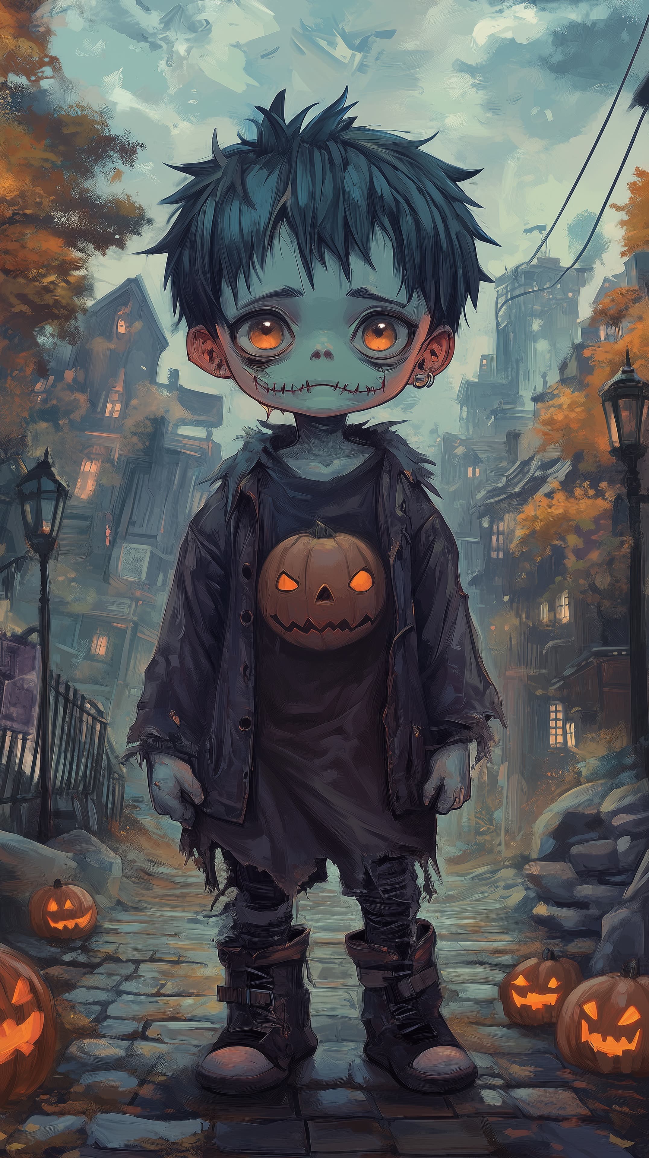 Mystical Halloween Kid in Torn Coat with Pumpkin Heart - High Resolution autumn Wallpaper for Mobile and Desktop