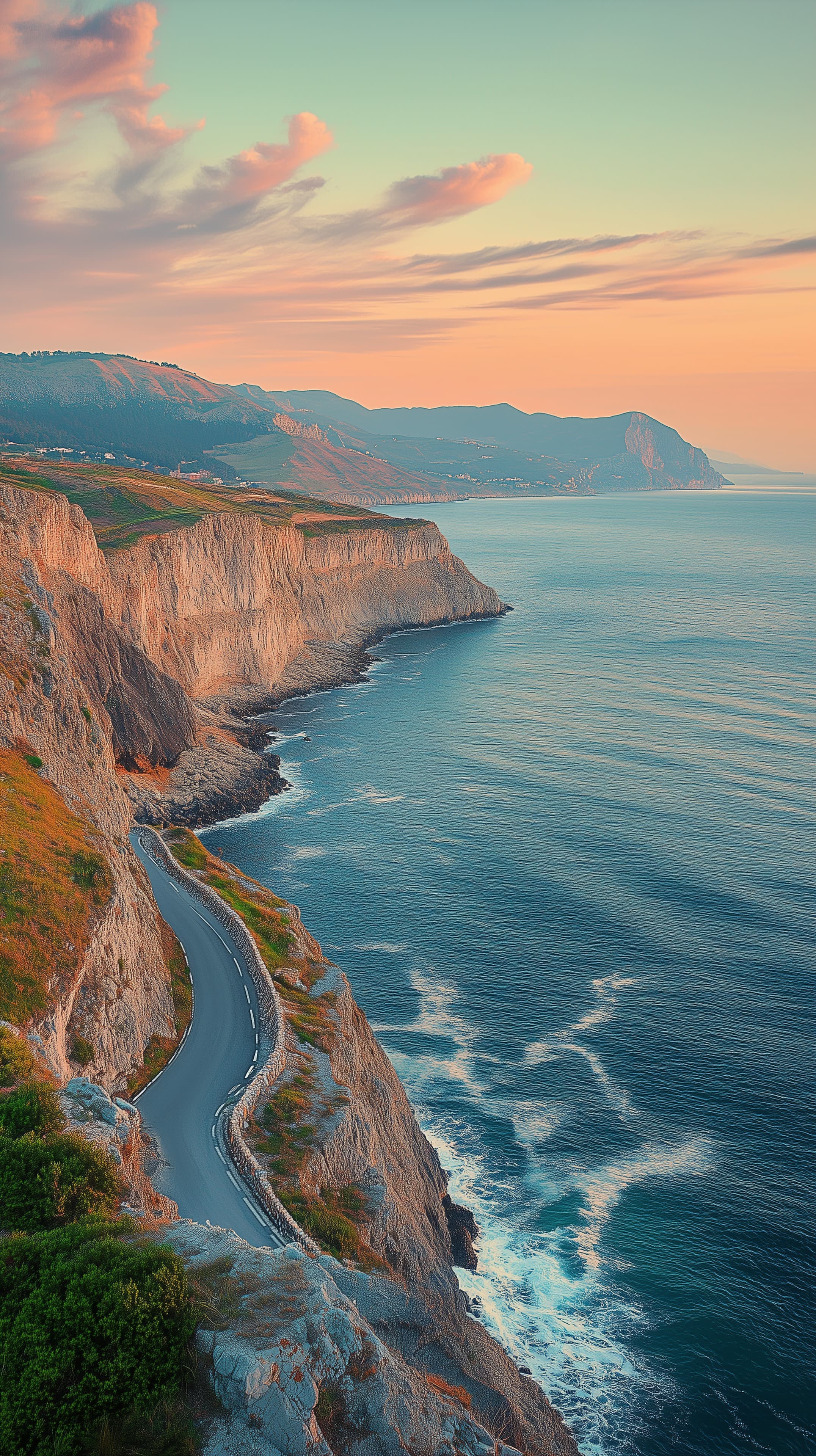 Sunset Cliffside Drive Over Calm Ocean: Scenic Coastal View - High Resolution cliffs Wallpaper for Mobile and Desktop