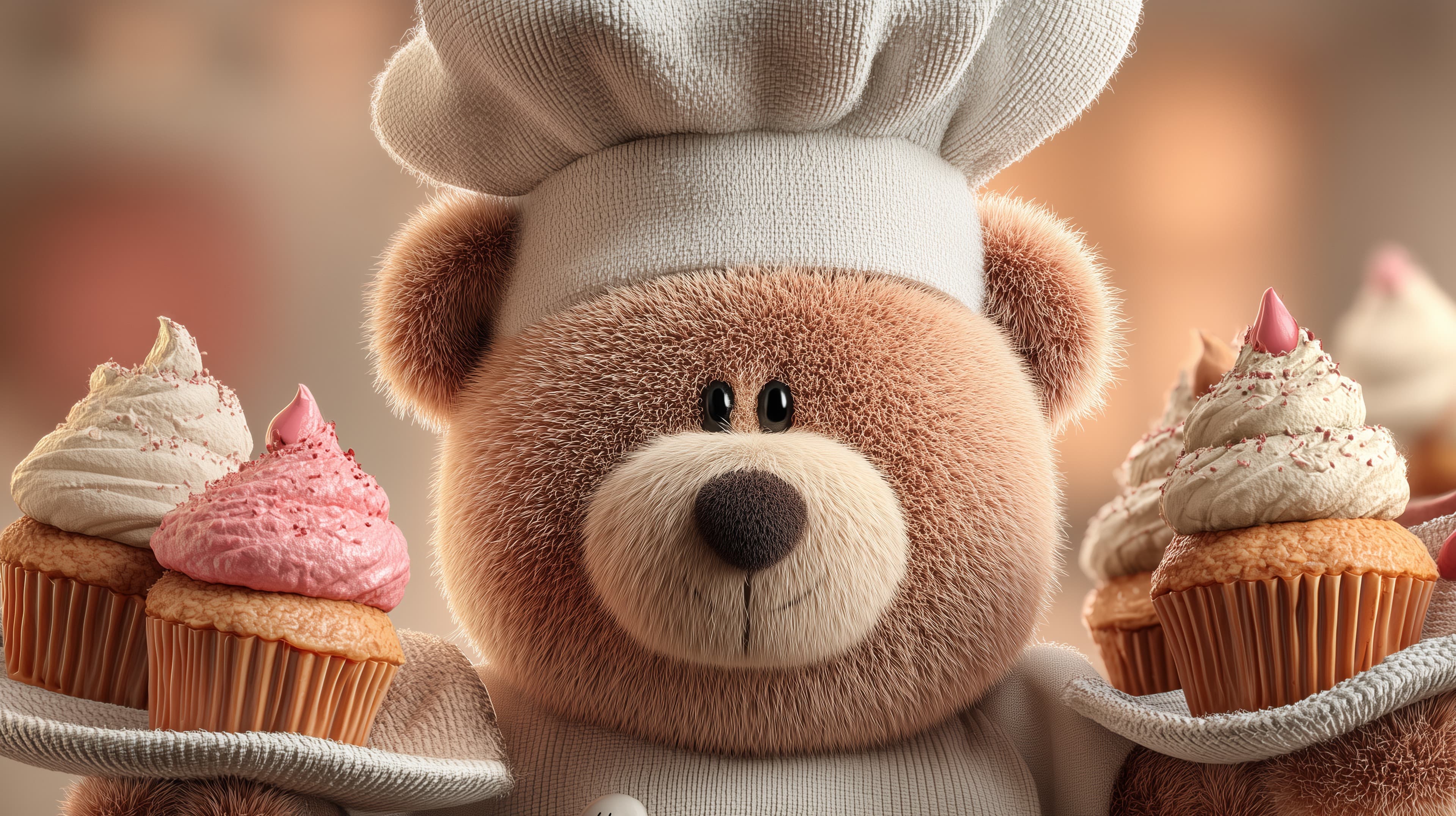 Adorable chef teddy bear with cupcakes wallpaper illustration - High Resolution chef-hat Wallpaper for Mobile and Desktop