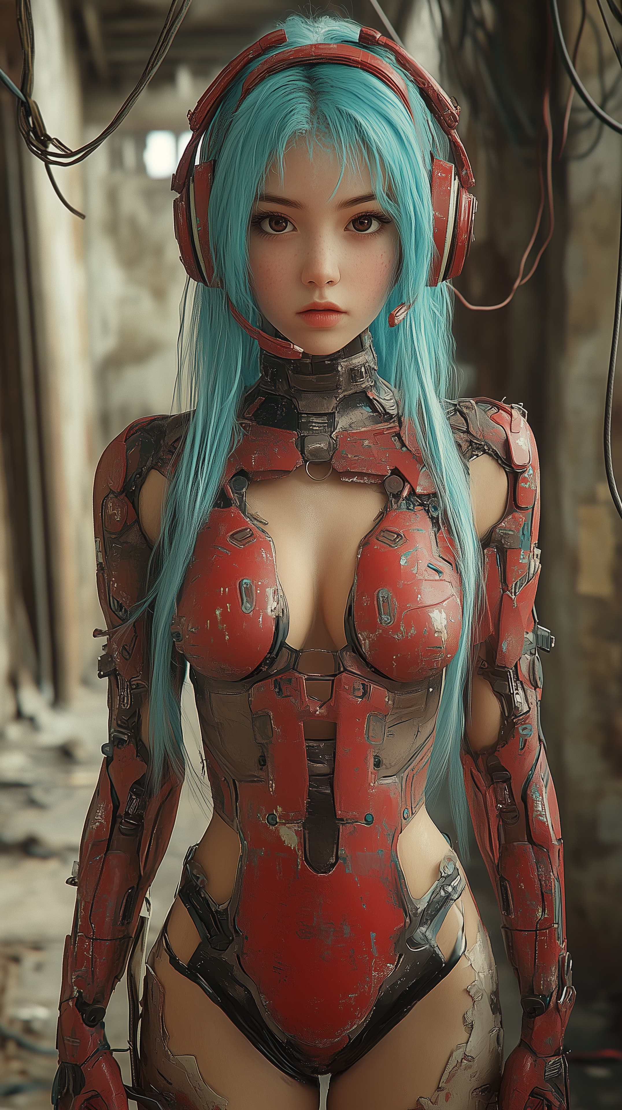Futuristic Cyborg Warrior in Red Armor and Turquoise Hair - High Resolution armor-suit Wallpaper for Mobile and Desktop
