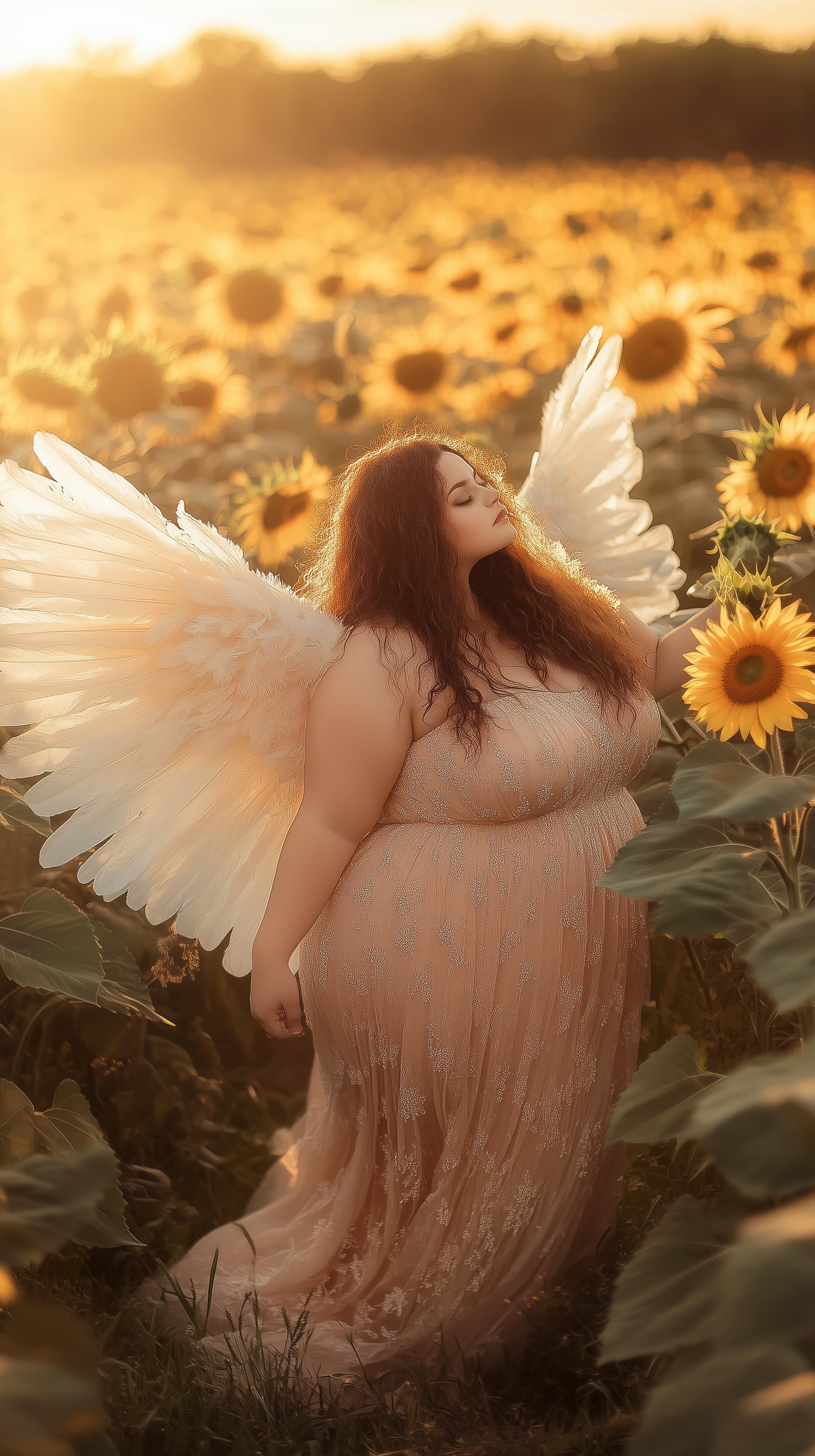 Sunset Angel in a Sunflower Field - Dreamy Fantasy Wallpaper - High Resolution angel-wings Wallpaper for Mobile and Desktop