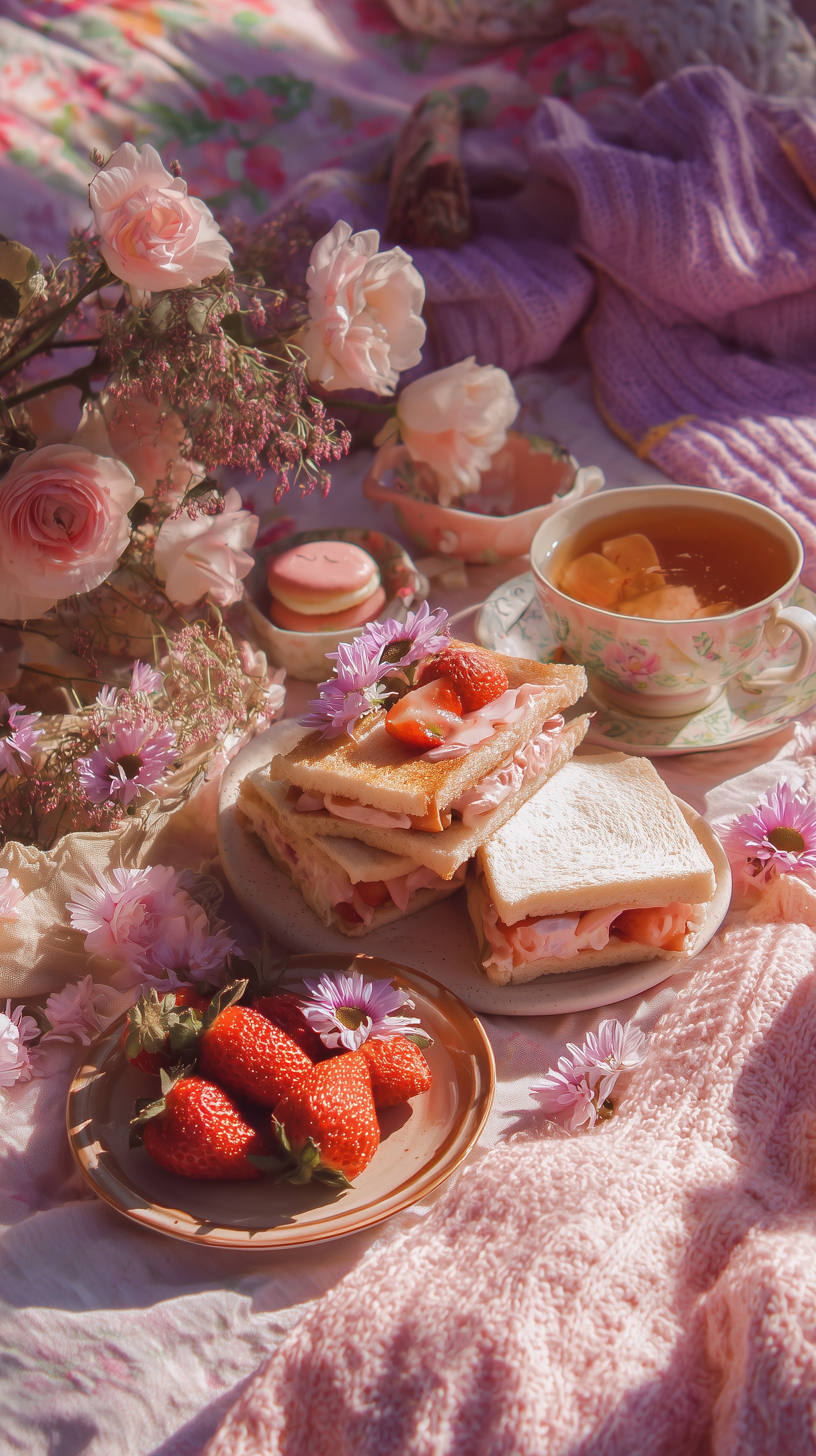 Pastel Tea Party Picnic with Roses and Sandwiches in Soft Light - High Resolution floral-arrangement Wallpaper for Mobile and Desktop