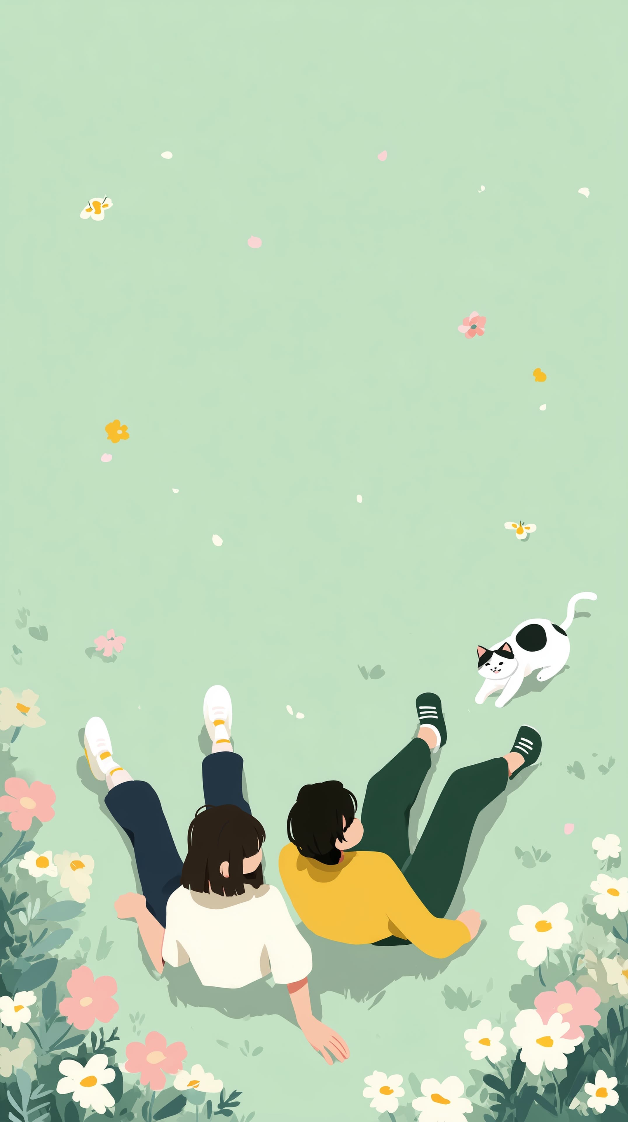 Pastel Garden Moment: Couple and Cat in Soft Green Wallpaper - High Resolution cat Wallpaper for Mobile and Desktop