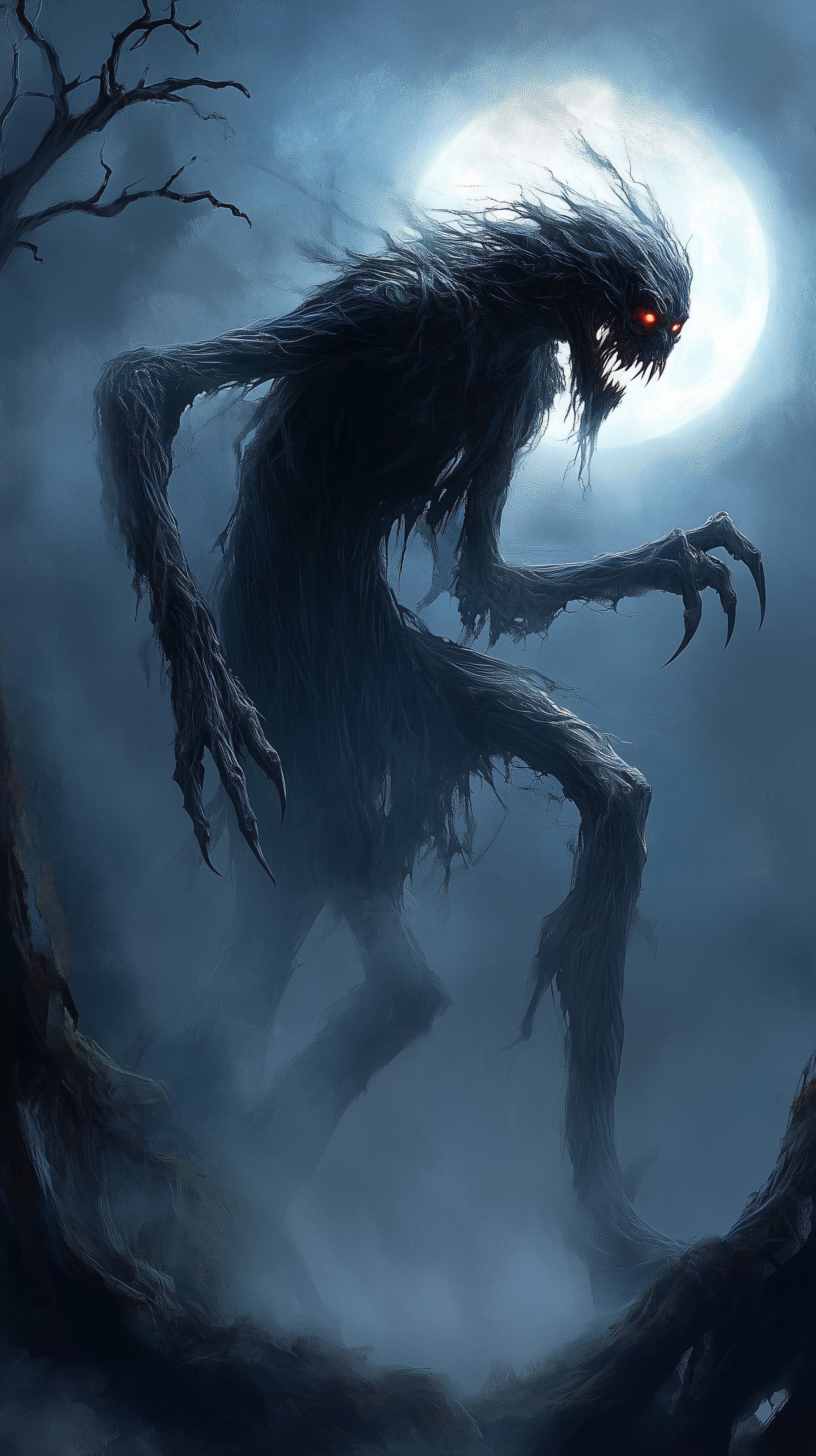 Moonlit Shadow Beast: Enormous Eerie Night Monster in Fog - High Resolution moonlit-night Wallpaper for Mobile and Desktop