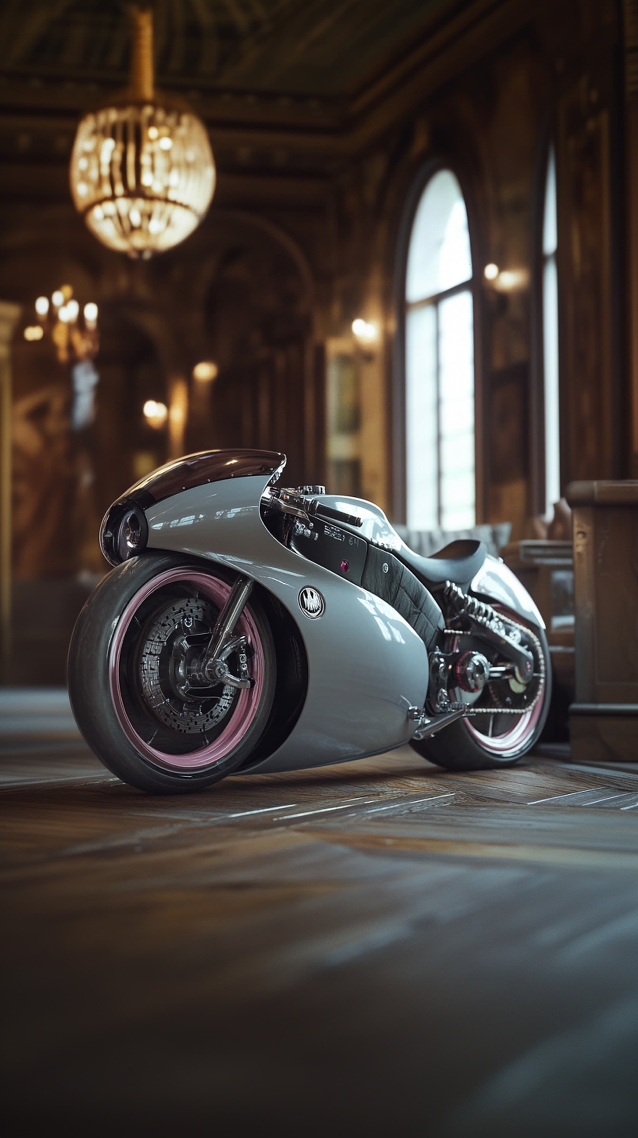 Sleek Futuristic Motorcycle in Elegant Indoor Setting with Lighting - High Resolution motorcycle Wallpaper for Mobile and Desktop