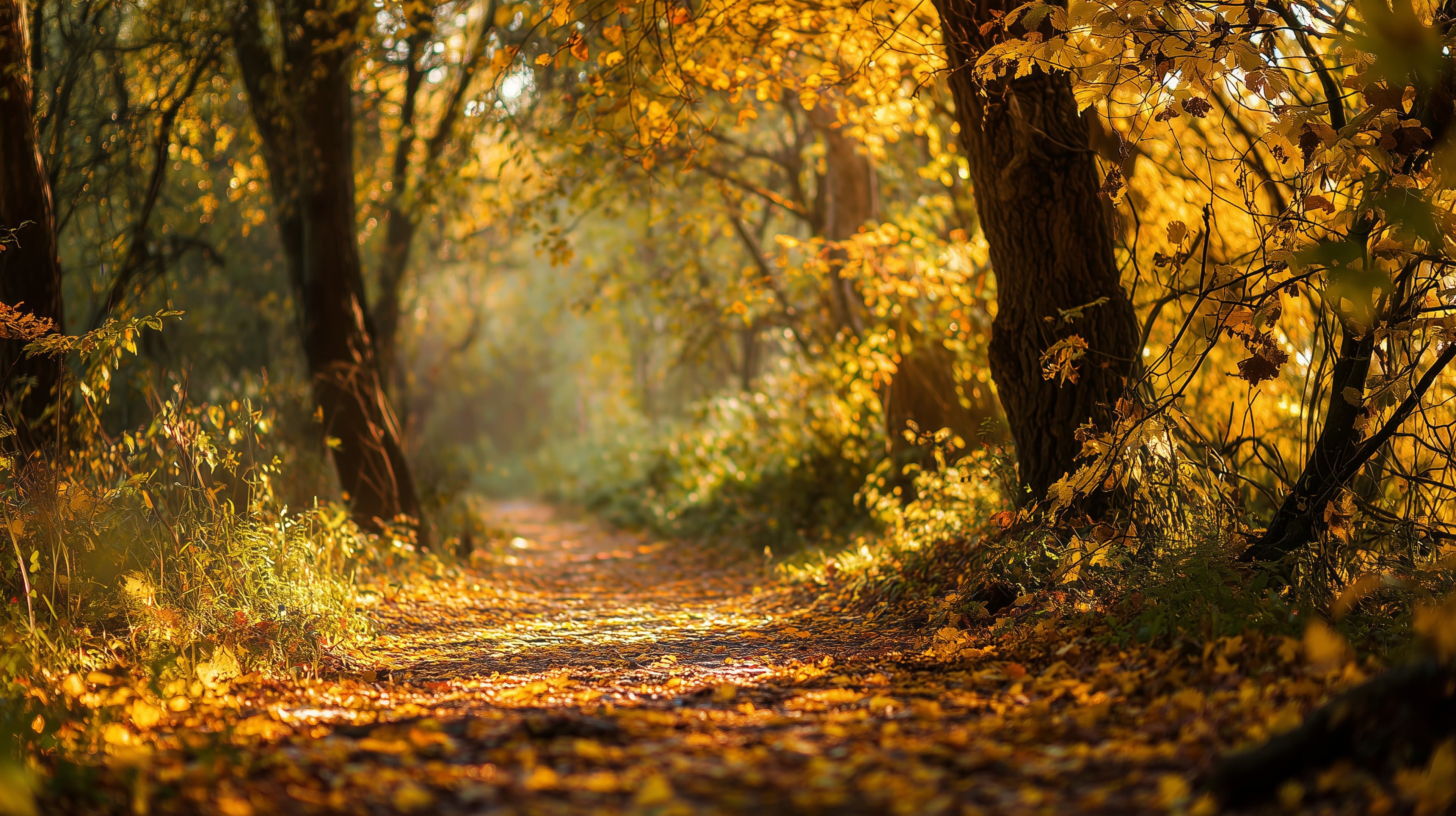 Golden Autumn Forest Path Wallpaper - Sunlit Fall Trail - High Resolution autumn-forest Wallpaper for Mobile and Desktop