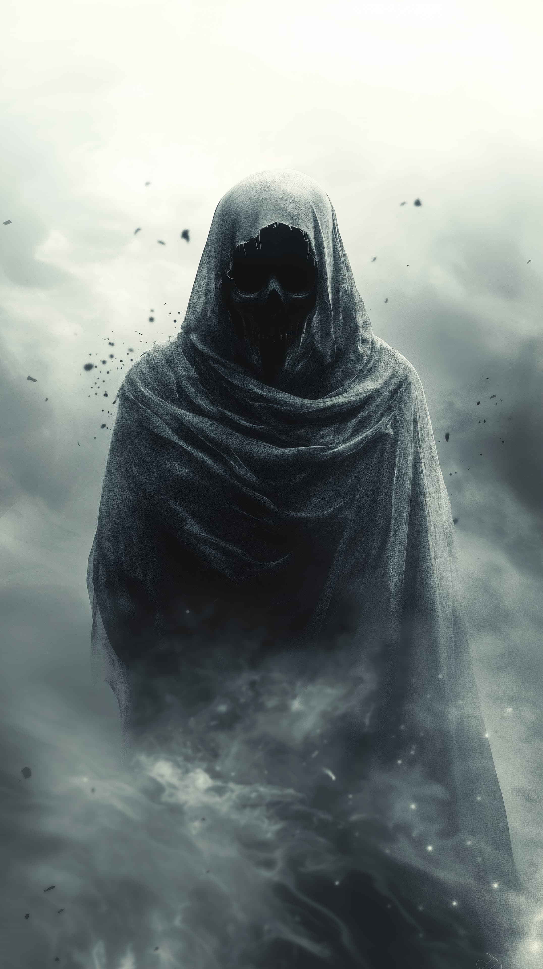 Mysterious Hooded Figure Emerging from Misty Shadows - High Resolution dark-fantasy Wallpaper for Mobile and Desktop