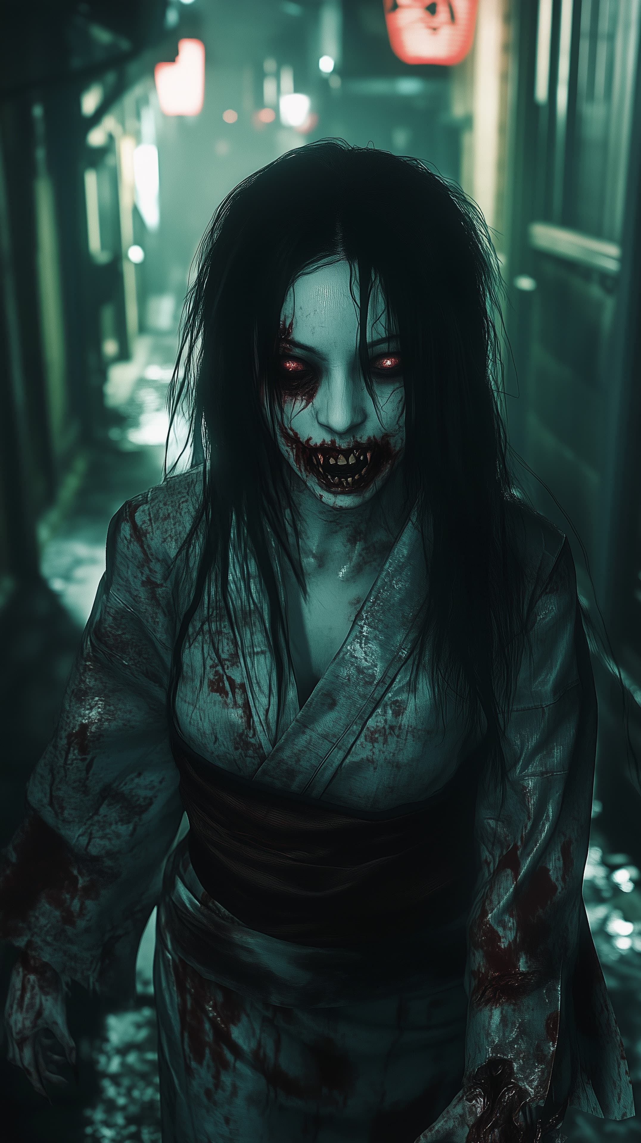 Neon Alley Zombie: Eerie Horror Portrait Wallpaper for Nightmares - High Resolution horror Wallpaper for Mobile and Desktop