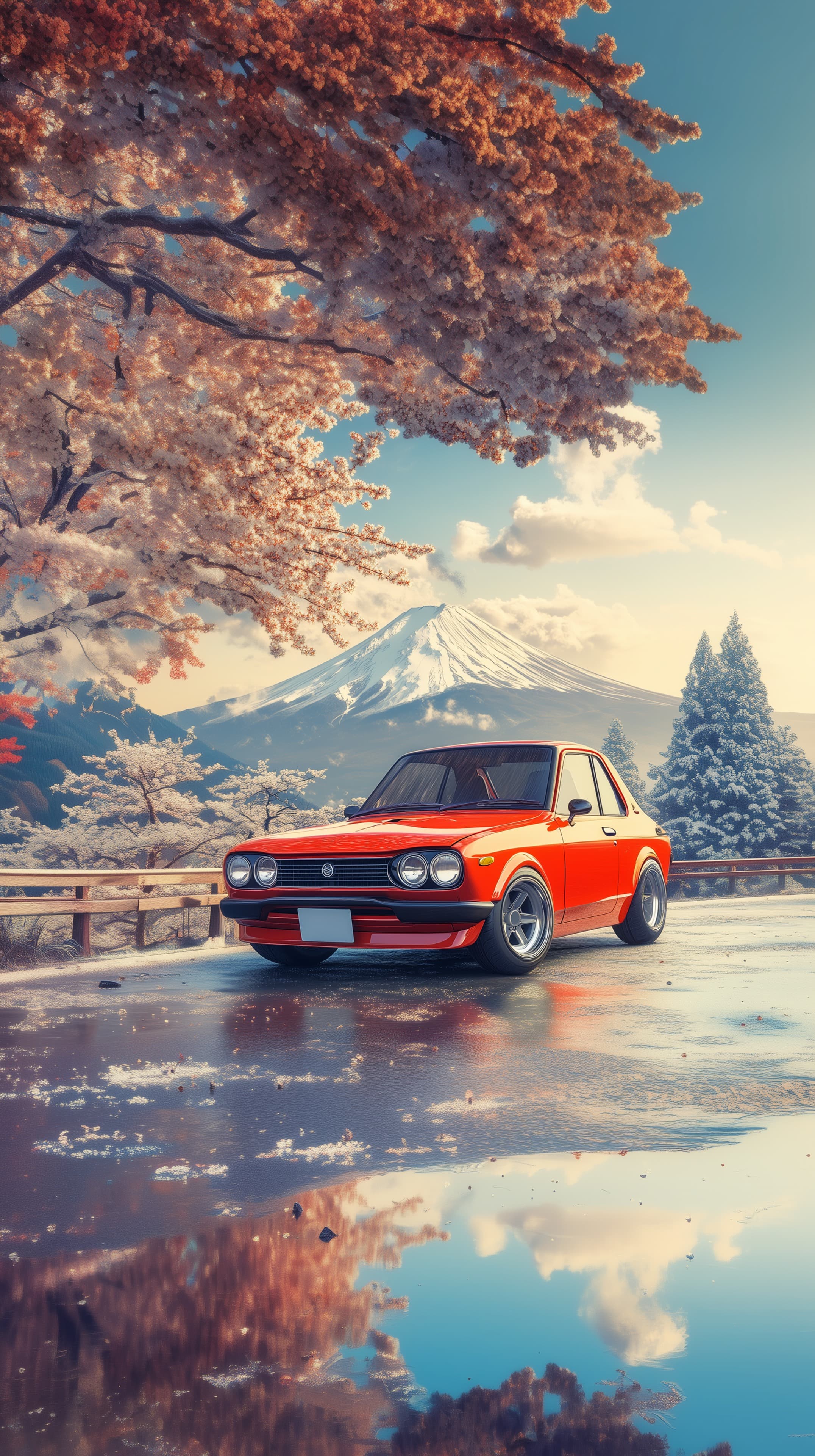 Vibrant Red Vintage Car Amid Snowy Mountain Landscape - High Resolution alpine-scenery Wallpaper for Mobile and Desktop