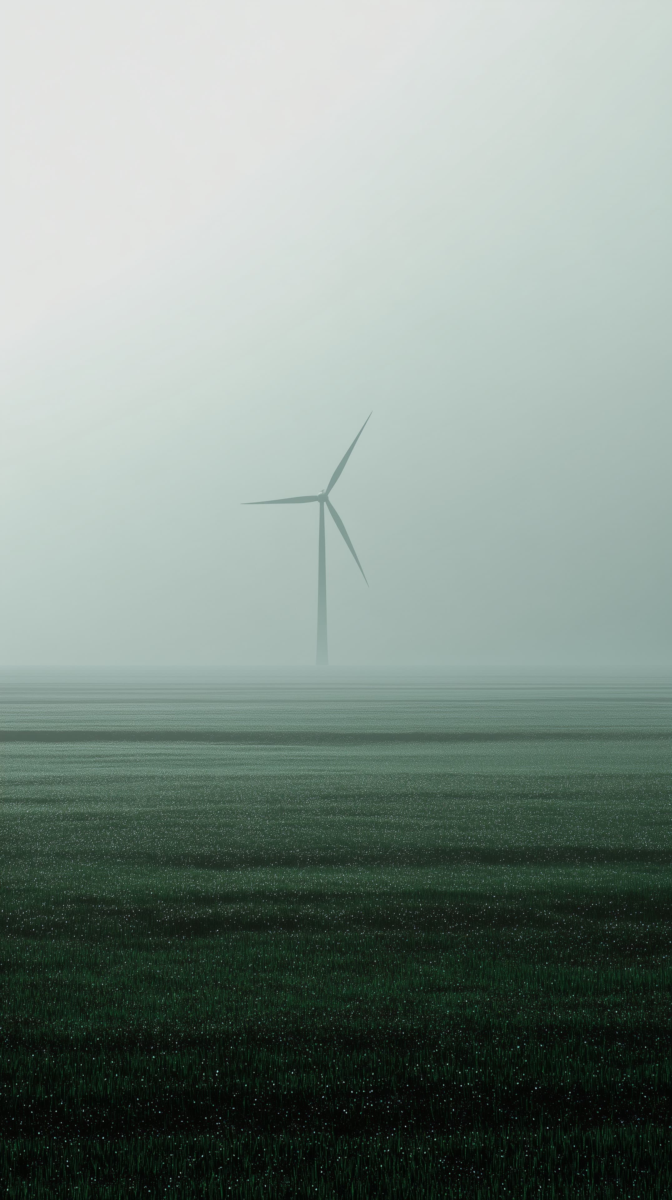Misty Dawn over a Green Field with a lone wind turbine - High Resolution dawn Wallpaper for Mobile and Desktop