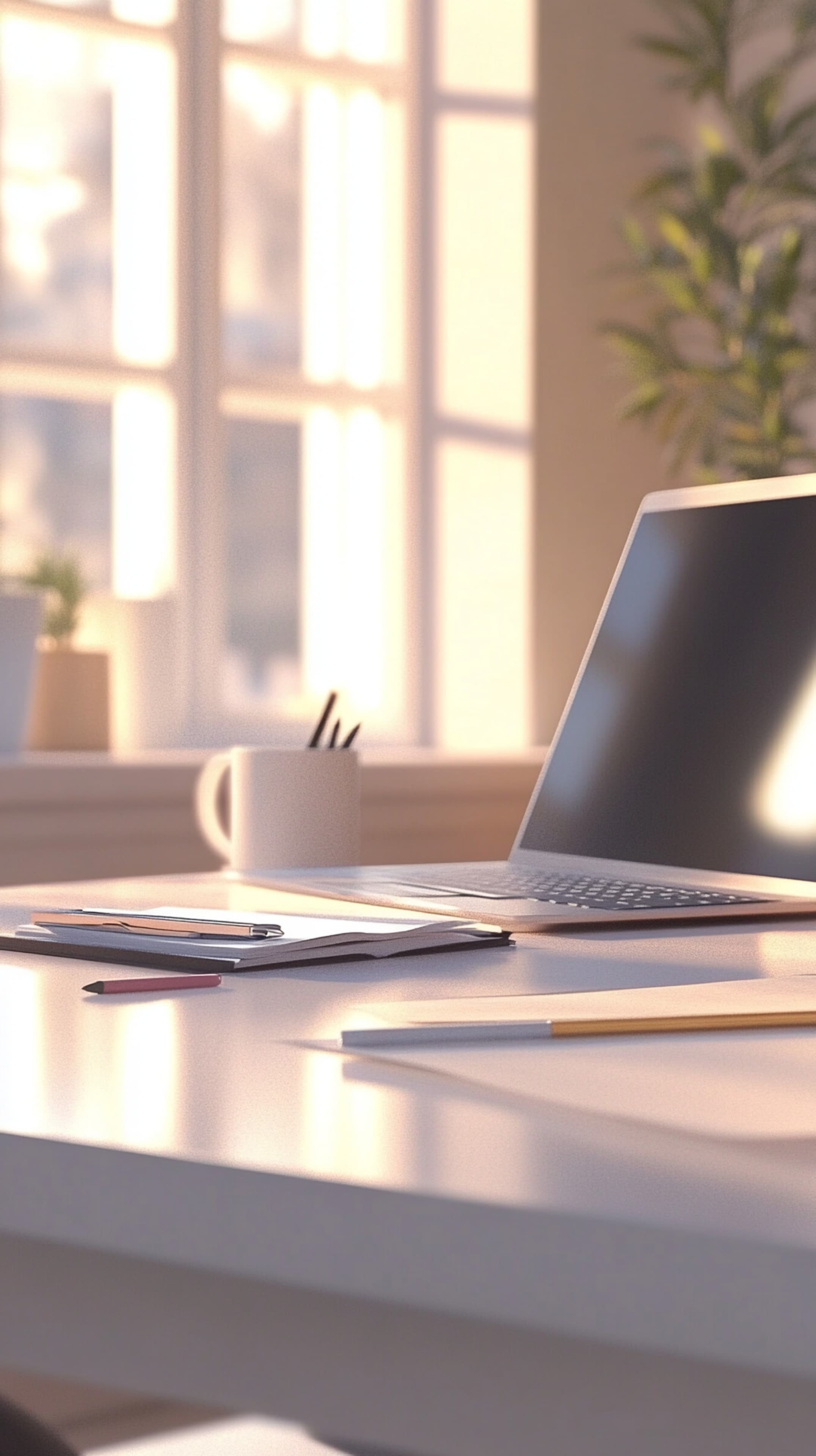 Sunny Minimal Workspace Desk with Laptop in Warm Morning Light - High Resolution cozy-workspace Wallpaper for Mobile and Desktop