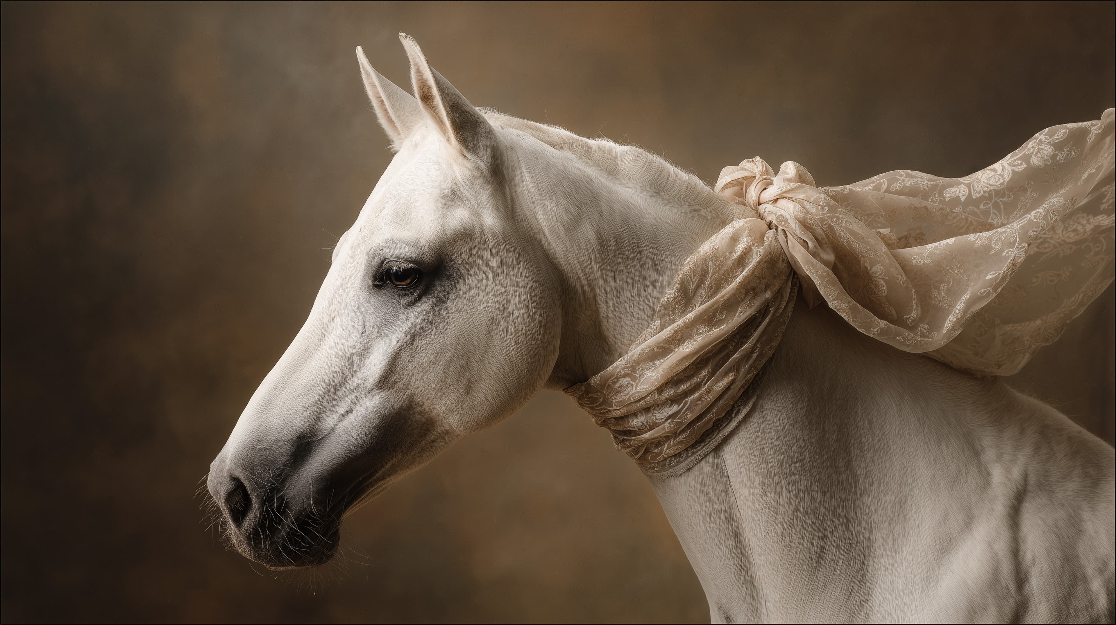 Elegant White Horse with Flowing Silk Scarf Wallpaper - High Resolution white-horse Wallpaper for Mobile and Desktop