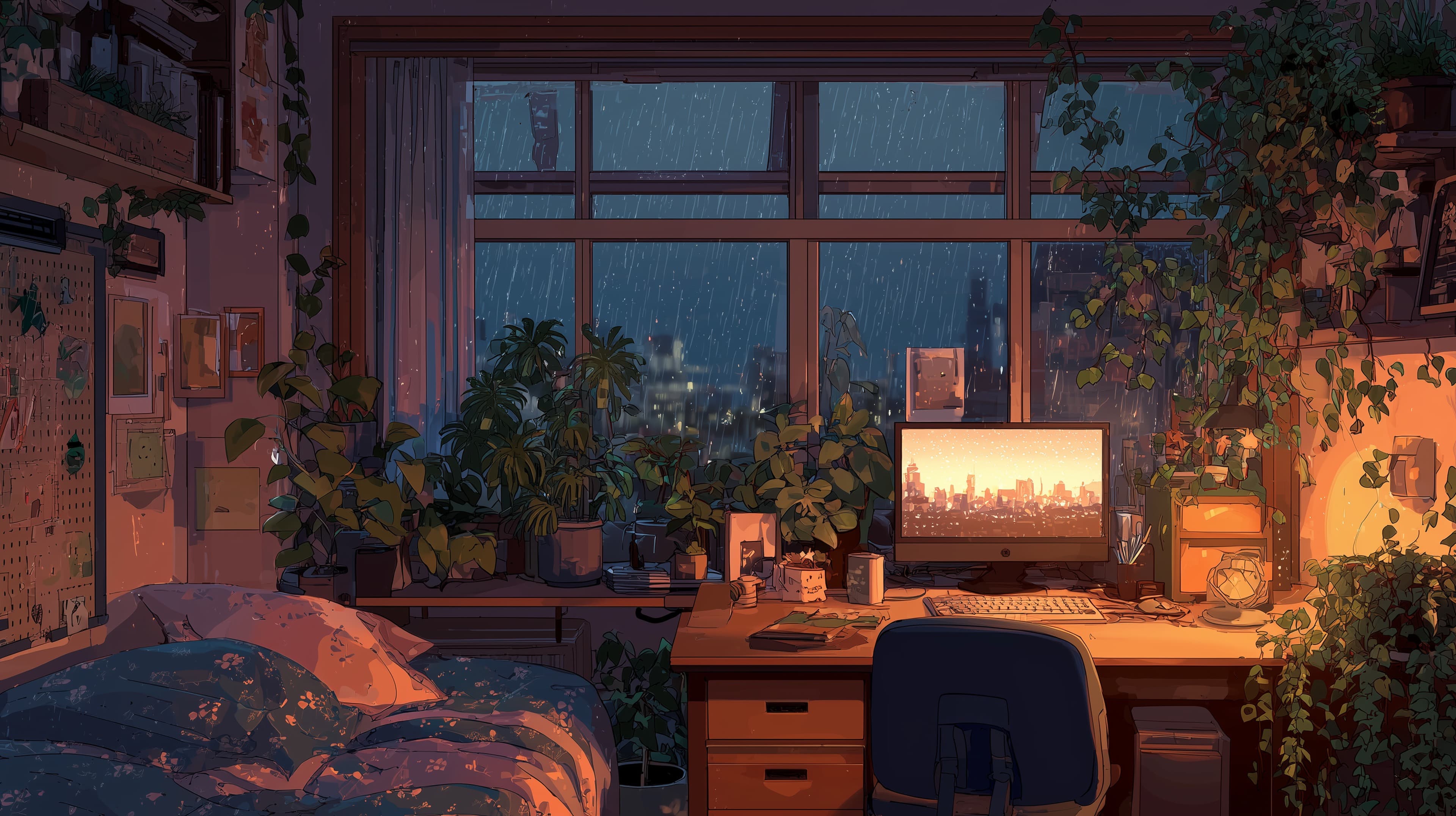 Cozy Rainy-Night Desk Scene with Plants and City Lights - High Resolution city-lights Wallpaper for Mobile and Desktop