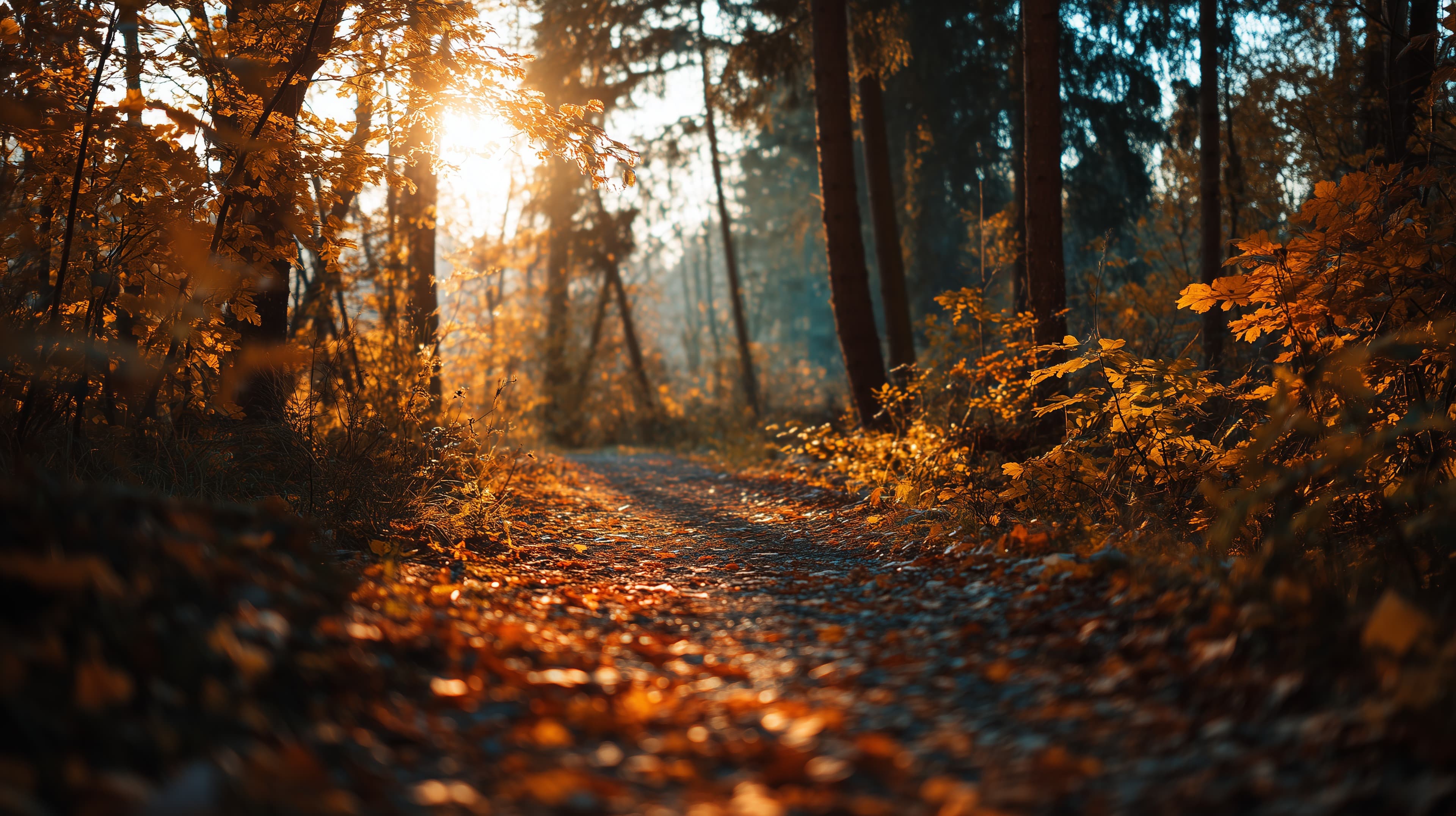 Autumn Forest Path in Golden Sunrise – Warm Nature Wallpaper - High Resolution autumn-forest Wallpaper for Mobile and Desktop