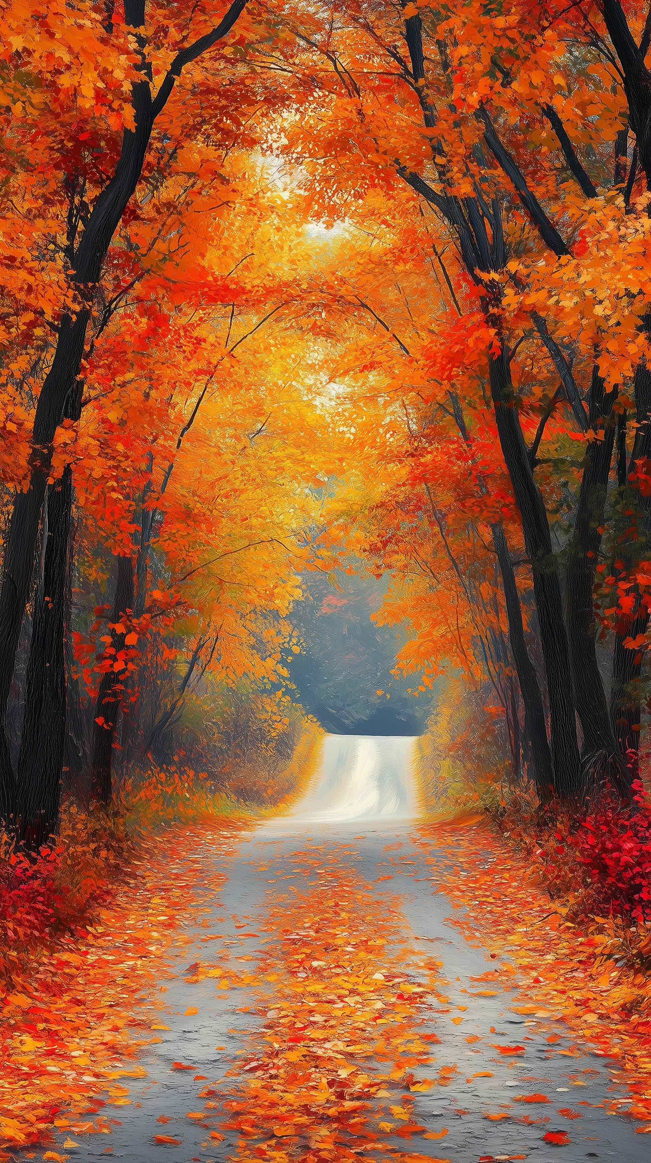 Autumn Forest Path with Vibrant Orange Leaves - Wall Art - High Resolution autumn Wallpaper for Mobile and Desktop