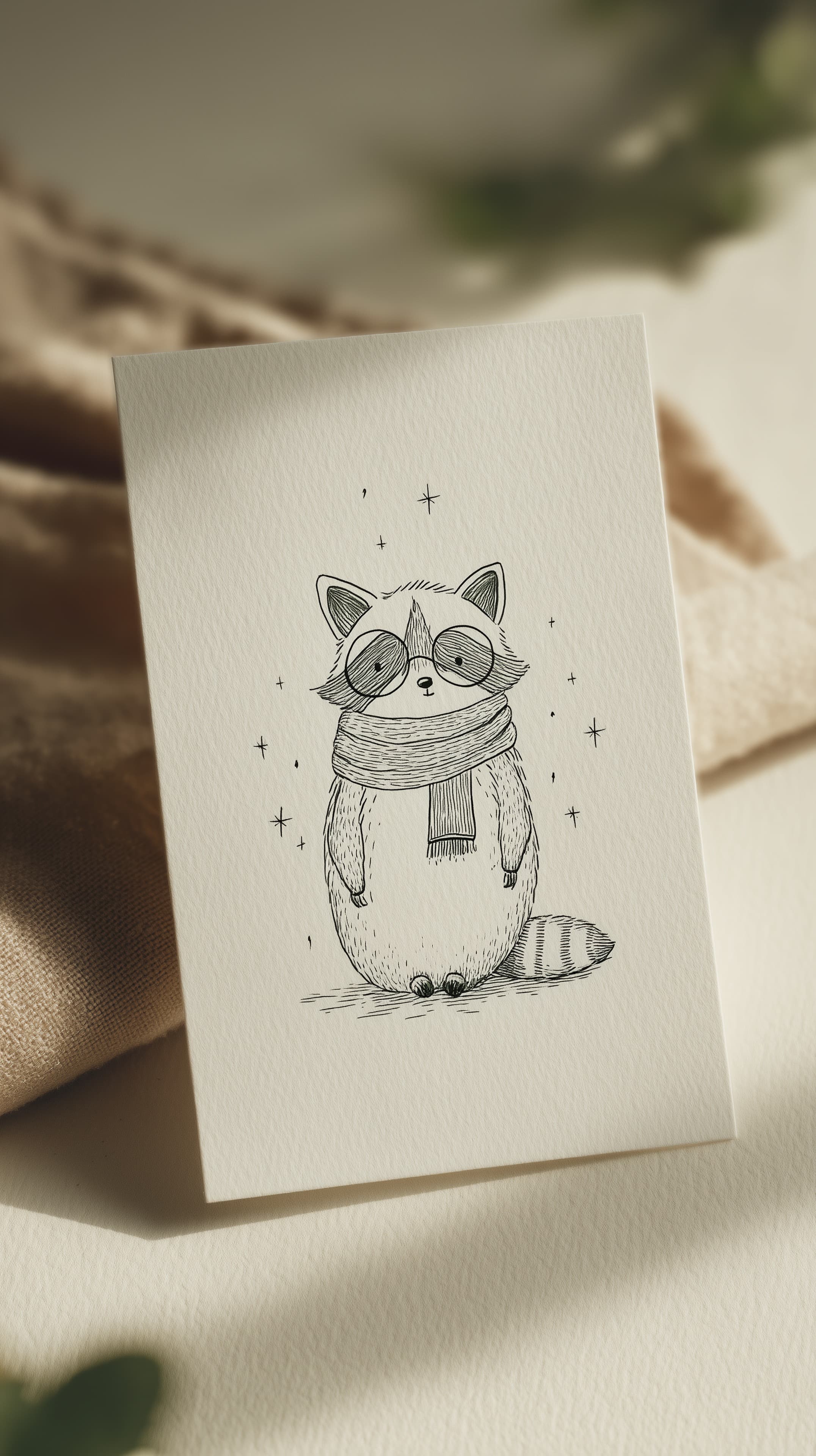 Whimsical Raccoon Sketch Card with Cozy Scarf Illustration - High Resolution animal-art Wallpaper for Mobile and Desktop
