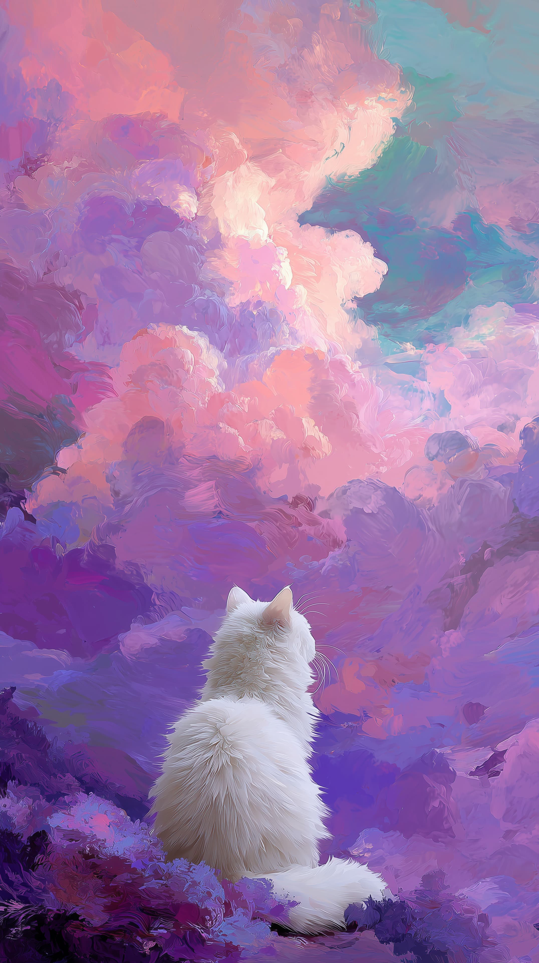 Pastel Cloud Dream: White Cat in a Dreamy Skyscape - High Resolution cat Wallpaper for Mobile and Desktop