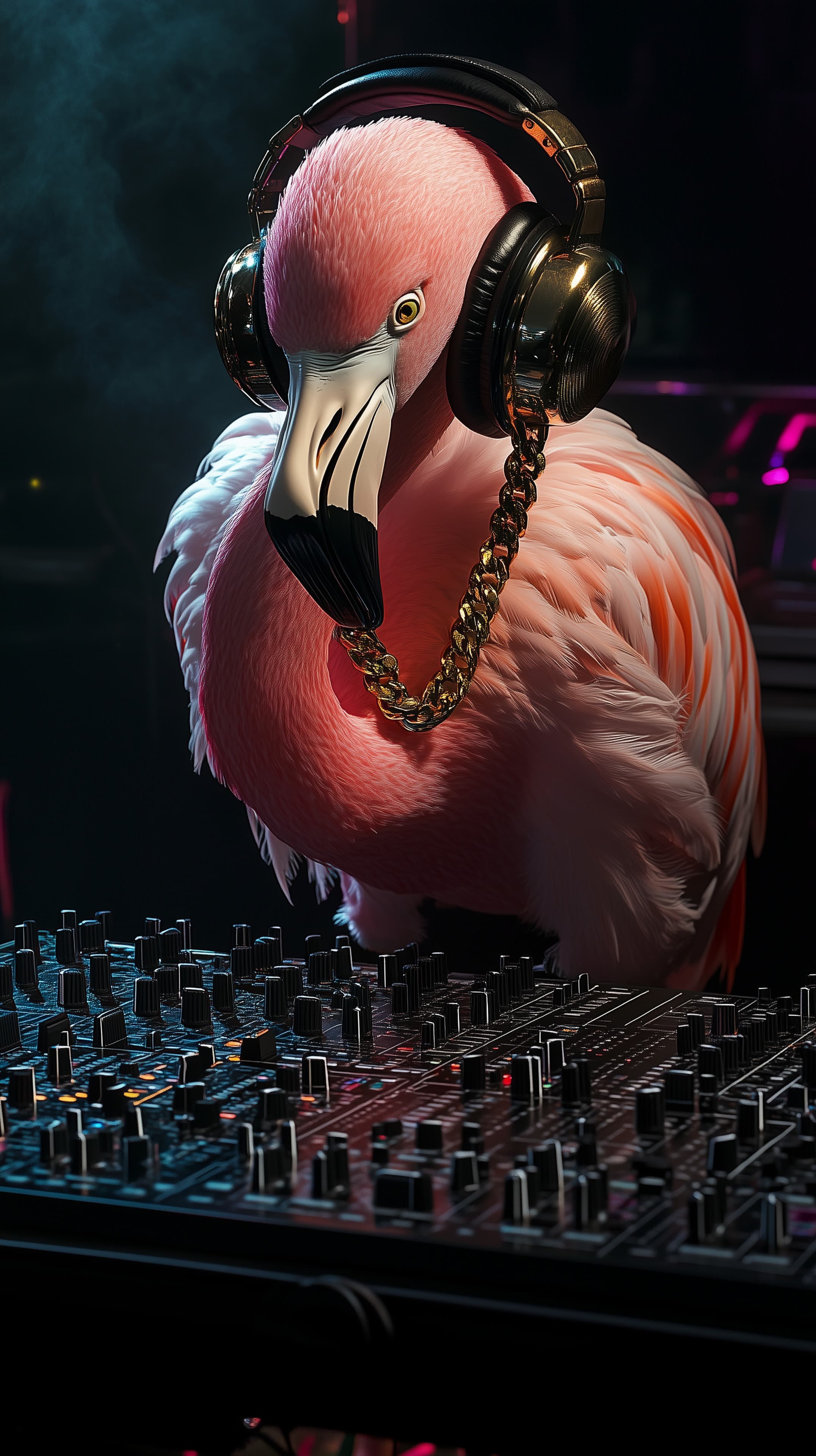 Flamingo DJ Portrait with Headphones — Neon Music Wallpaper - High Resolution digital-art Wallpaper for Mobile and Desktop