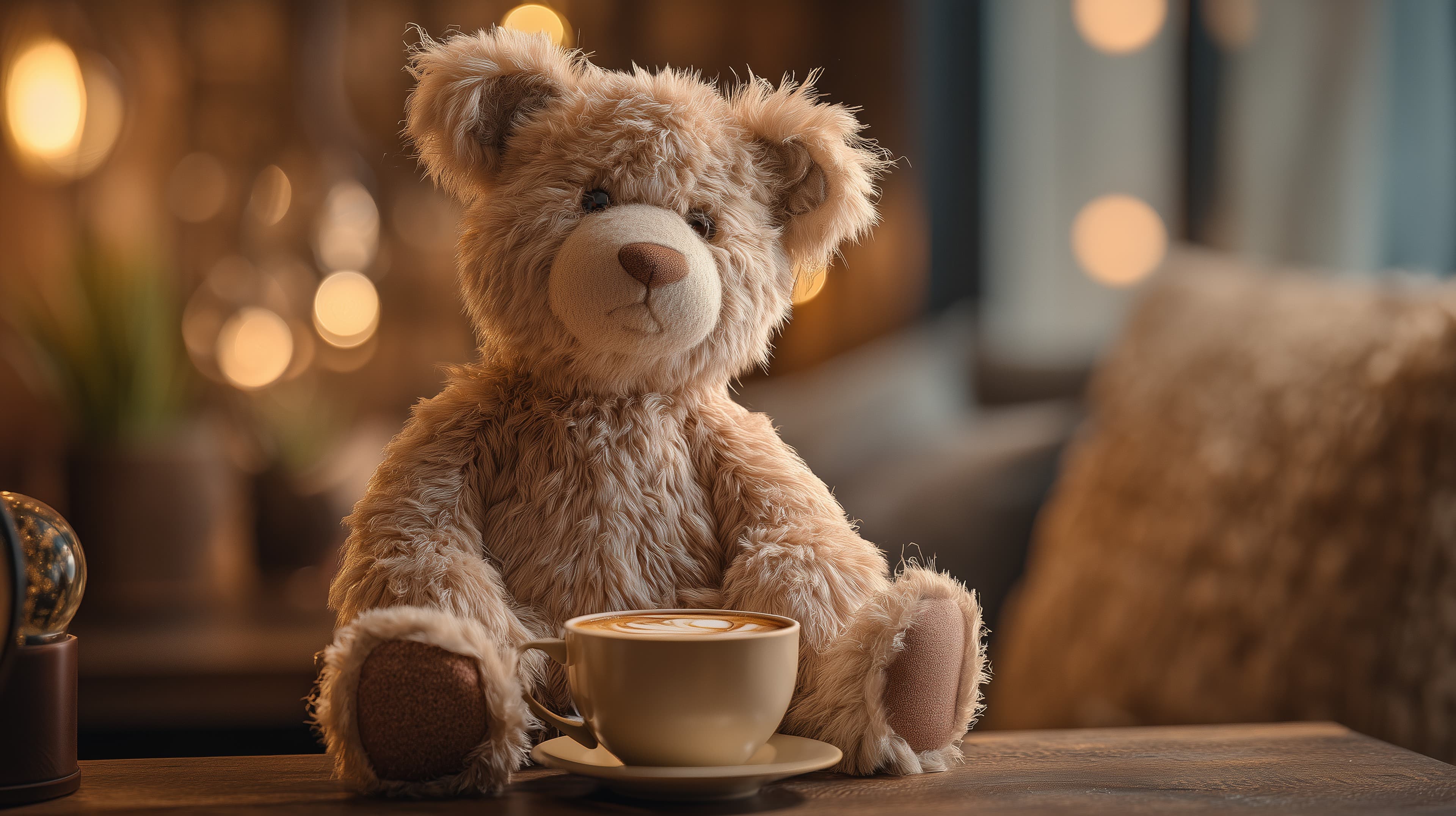 Cozy Teddy Bear with Coffee Cup — Warm Ambient Wallpaper - High Resolution ambient-scene Wallpaper for Mobile and Desktop