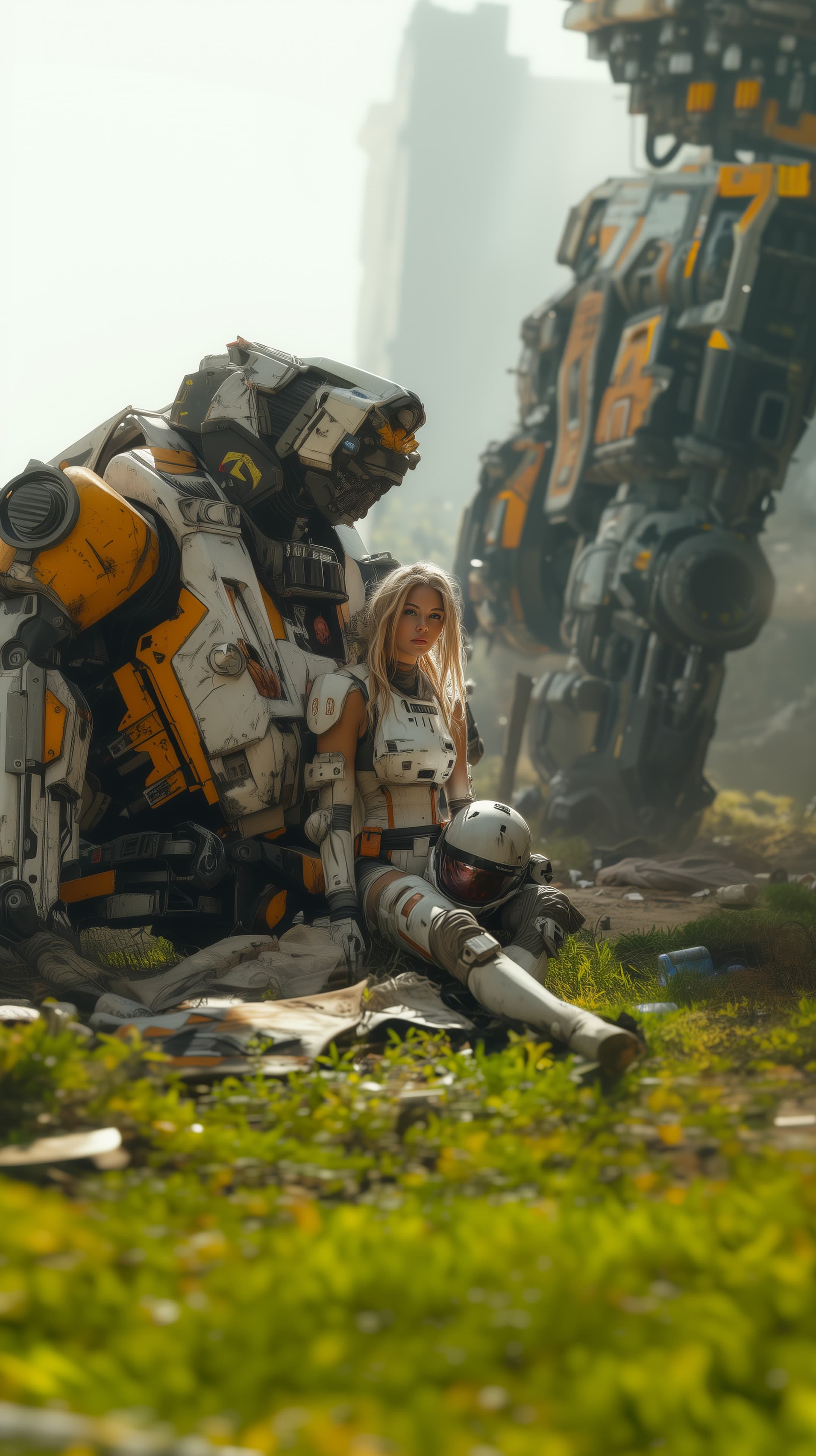 Futuristic Exosuit Battle: Sci-Fi Armor Portrait in Field - High Resolution armor Wallpaper for Mobile and Desktop