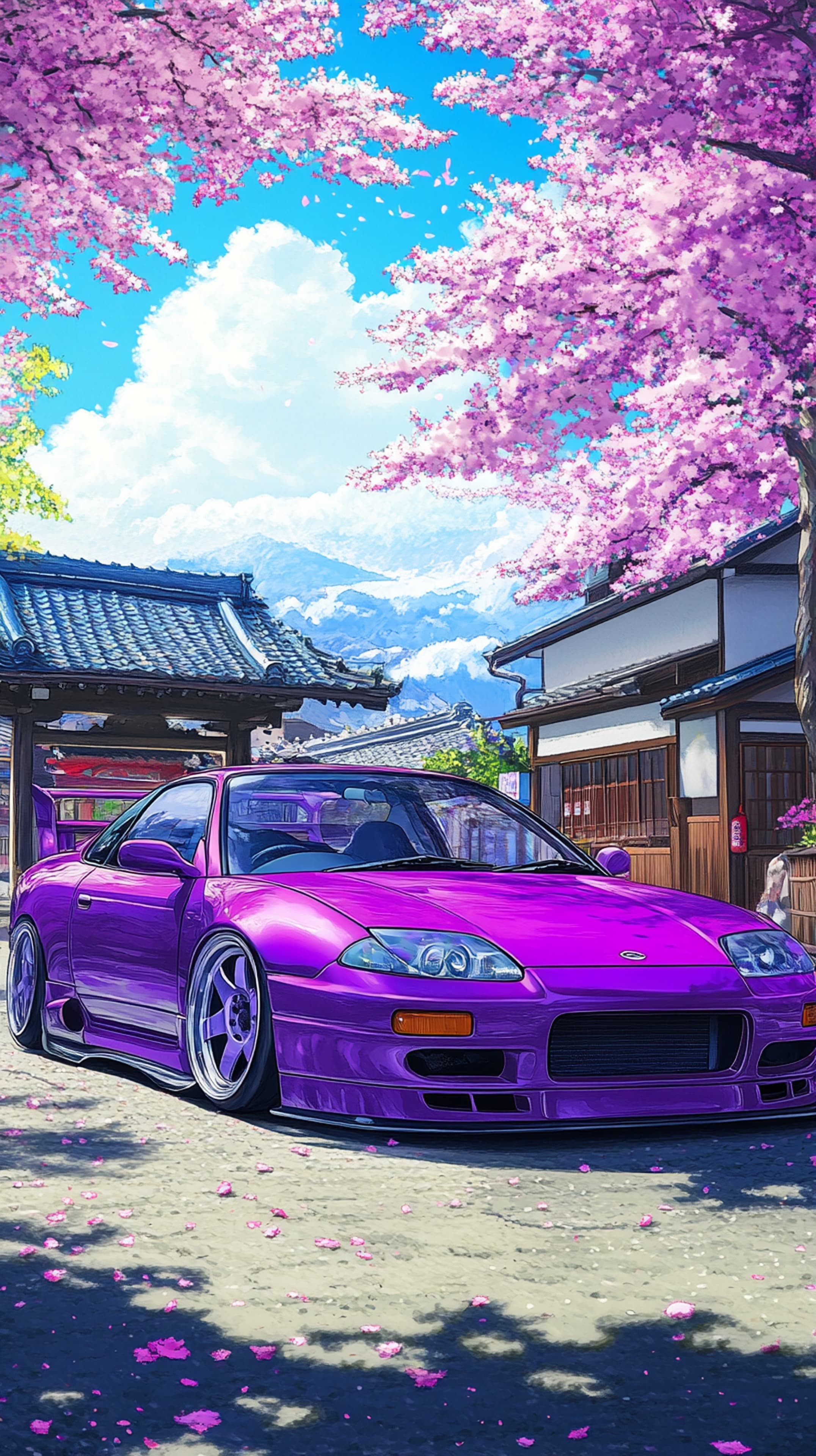 Vibrant Purple Sports Car in Cherry Blossom Street Scene - High Resolution anime-style Wallpaper for Mobile and Desktop