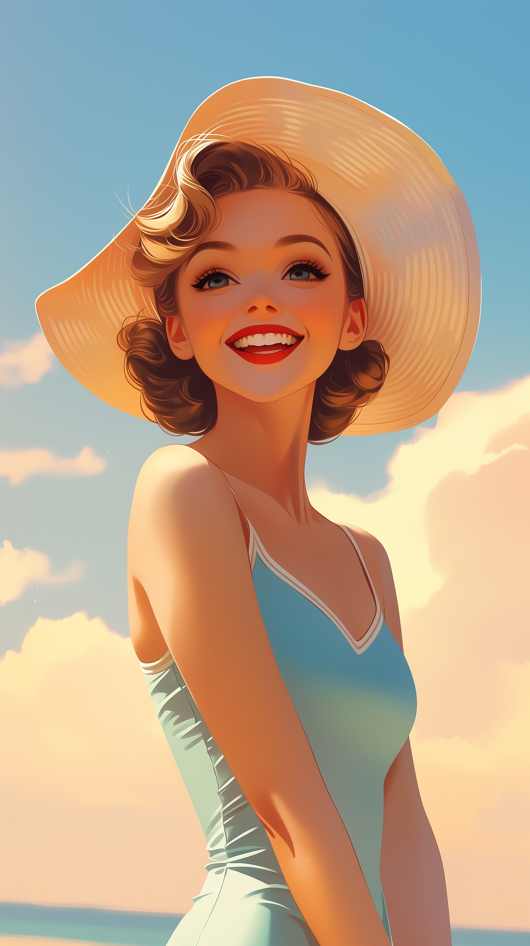Sunny Beach Portrait: Retro Style Woman in a Wide Hat - High Resolution beach Wallpaper for Mobile and Desktop
