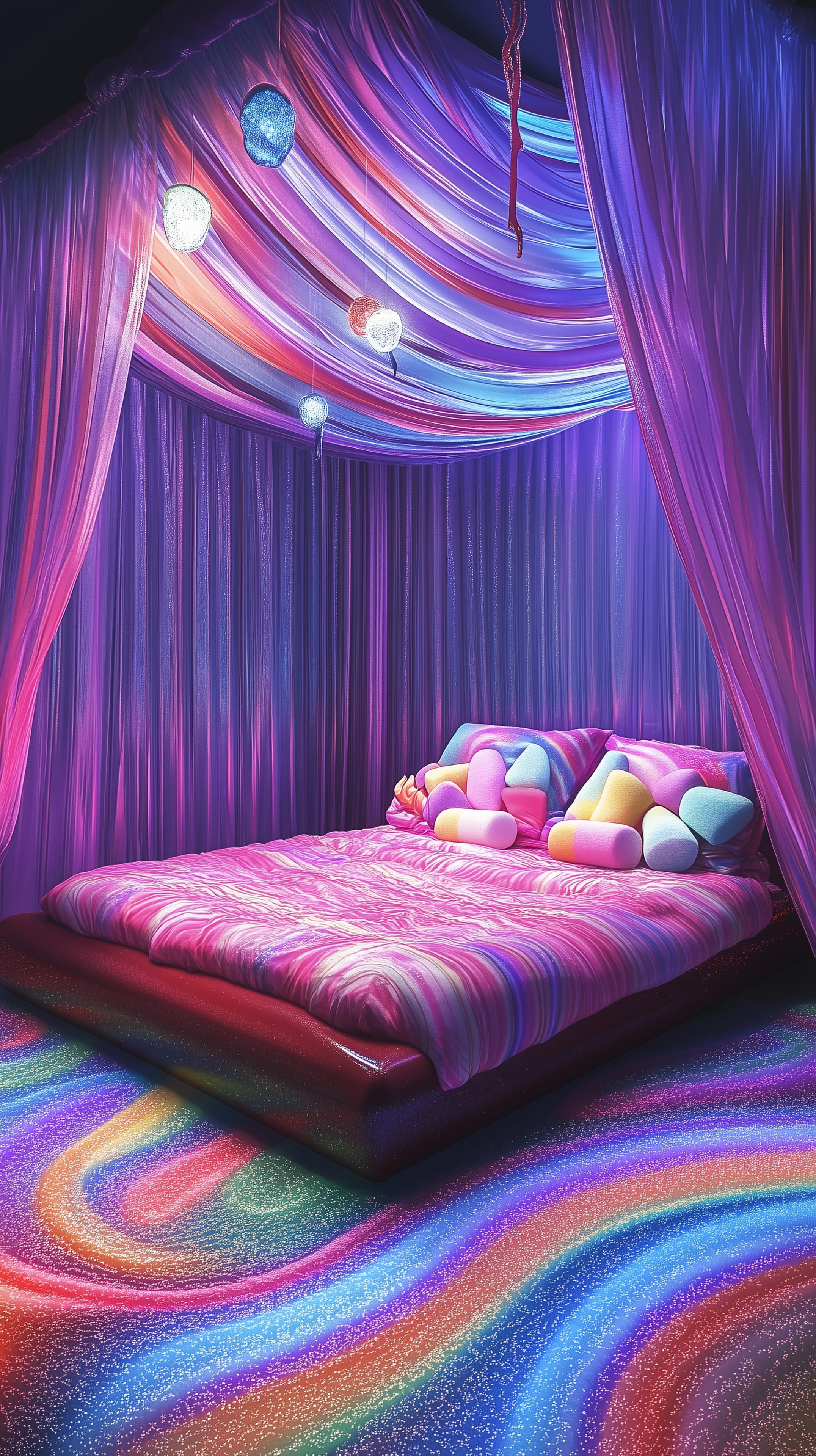 Dreamy Neon Rainbow Bedroom with Candy Pillows and Draped Canopy - High Resolution candy-pillows Wallpaper for Mobile and Desktop