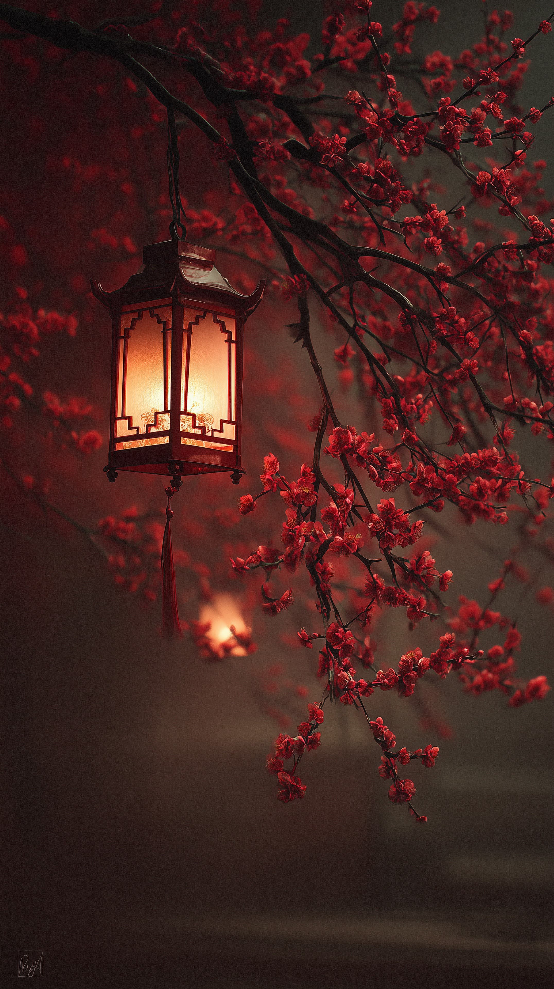 Warm Lantern Among Red Blossoms: Moody Night Wallpaper - High Resolution atmospheric-art Wallpaper for Mobile and Desktop