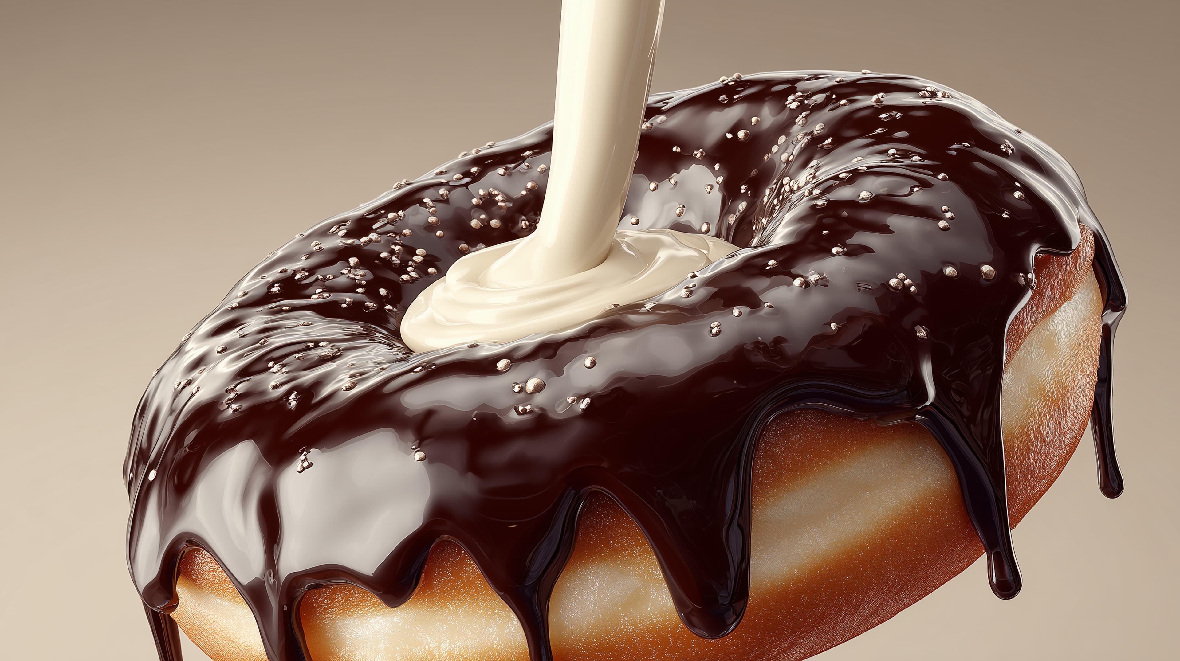 Macro Donut with Glossy Chocolate Glaze and Cream Pour - High Resolution donut Wallpaper for Mobile and Desktop