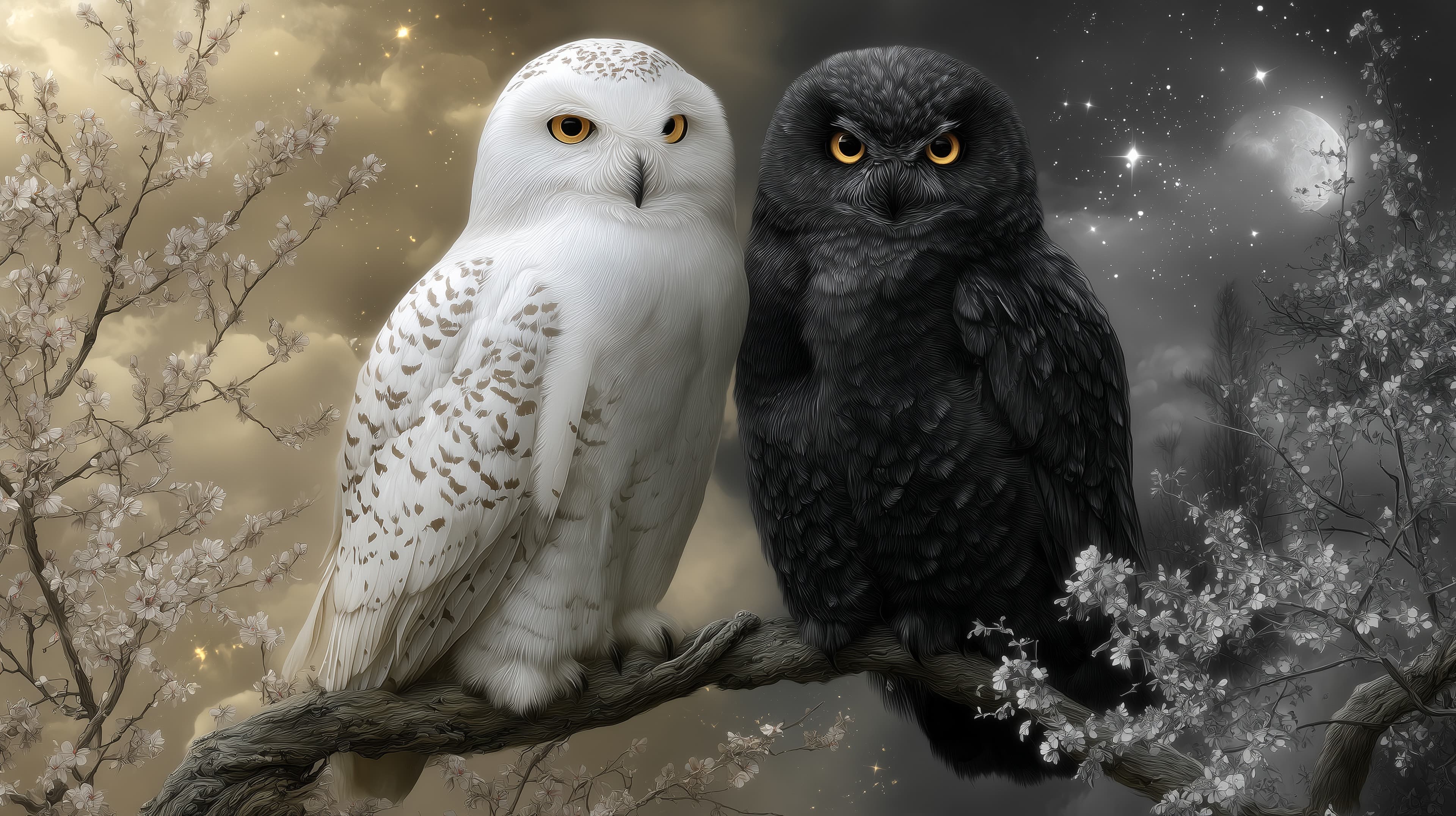 Two Owls on a Branch: White and Dark Night Sky Wallpaper - High Resolution owls Wallpaper for Mobile and Desktop