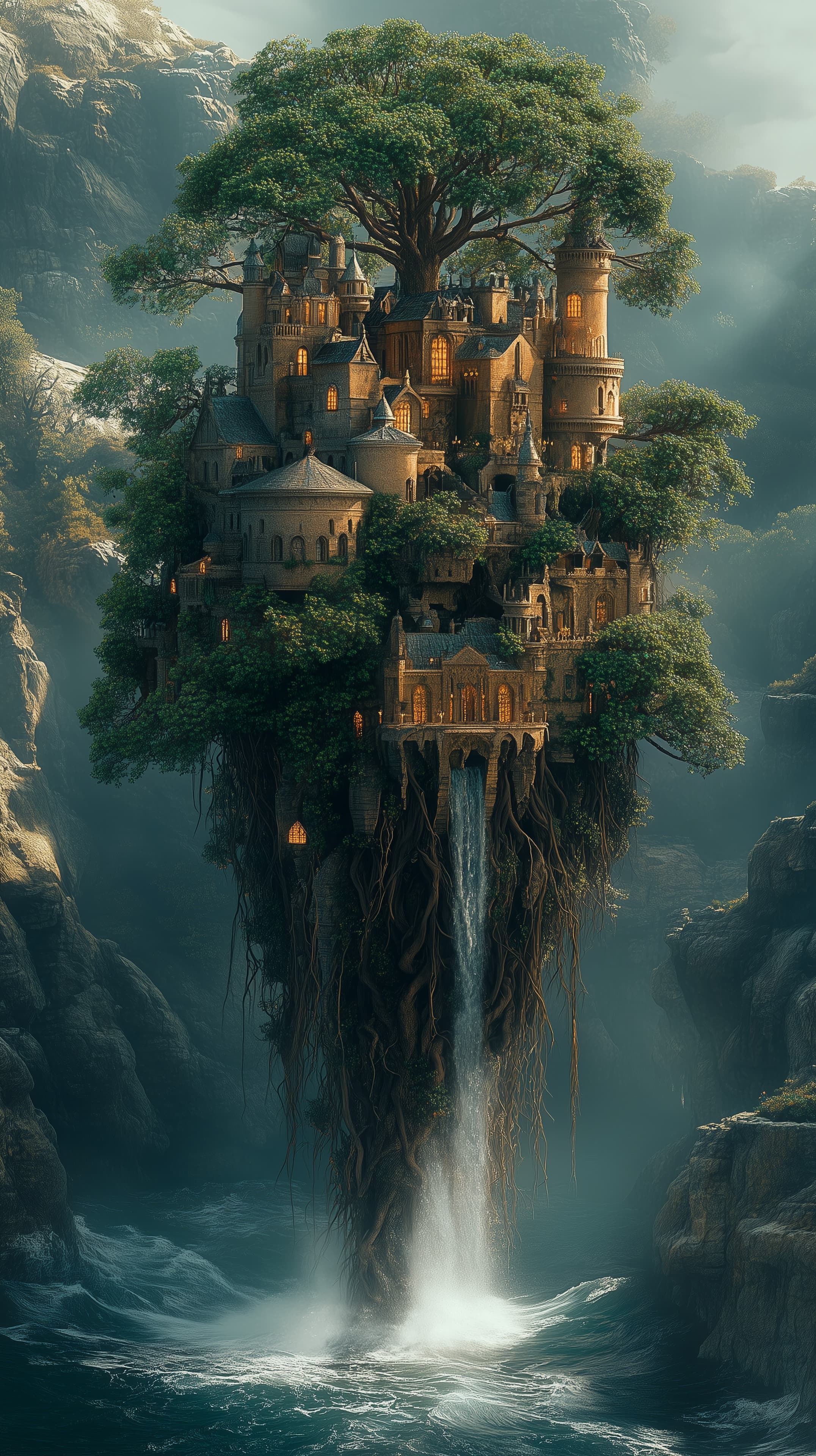 Enchanted Treecastle on a Floating Island with Waterfall at Dusk - High Resolution castle Wallpaper for Mobile and Desktop